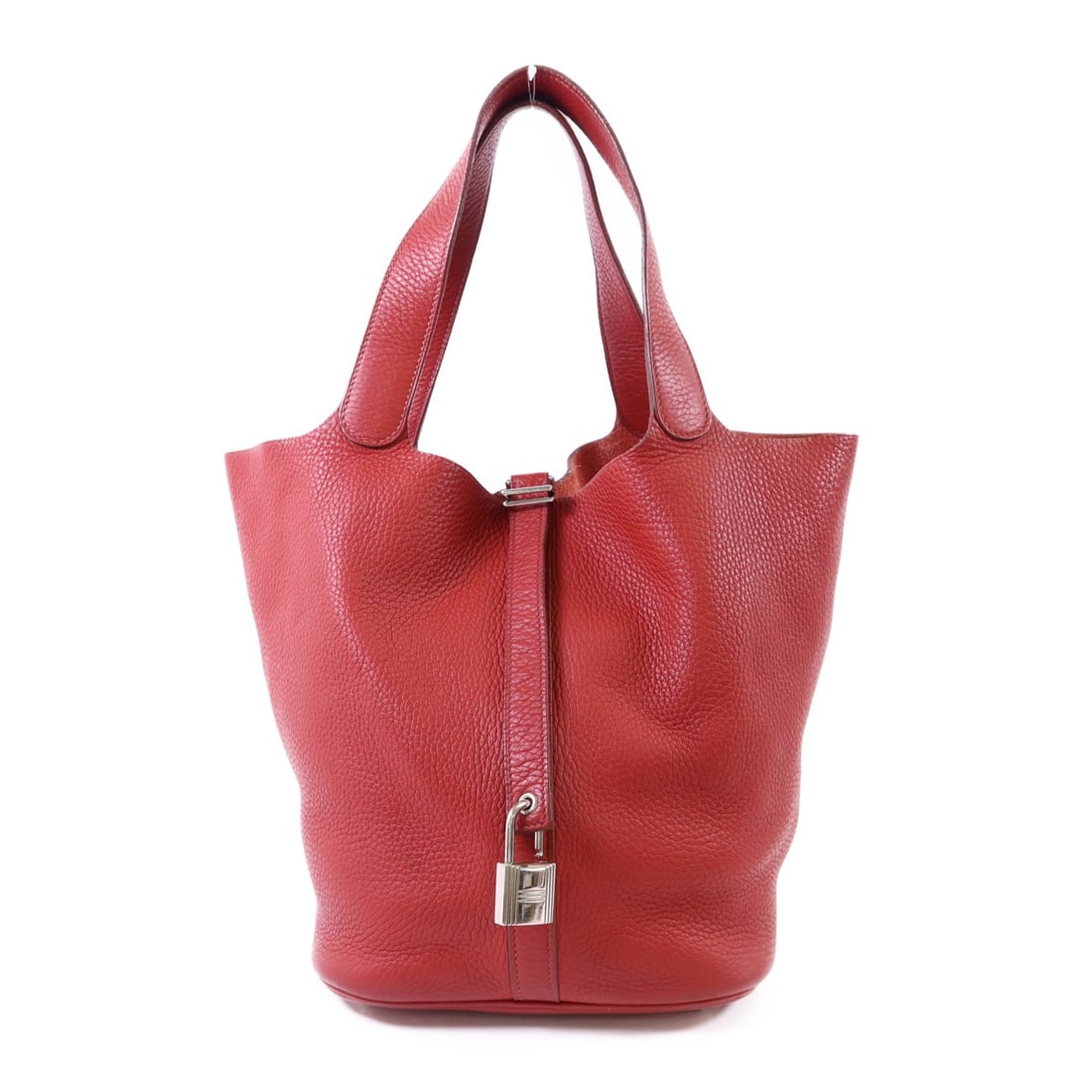 Hermes Picotin GM Red Clemence Leather Handbag with Palladium Hardware: Hermes Picotin GM Red Clemence Leather Handbag with Palladium Hardware The HERMES Picotin GM handbag is crafted from Taurillon Clemence calfskin leather in Rouge Casaque red. This stylish handbag feat