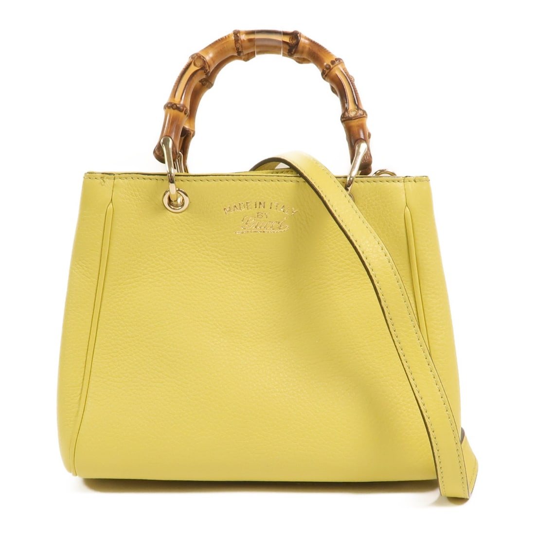 Gucci Bamboo Mini Shopper Yellow Calfskin 2 Way Shoulder Bag: Gucci Bamboo Mini Shopper Yellow Calfskin 2 Way Shoulder Bag This Gucci GG Bamboo Mini Shopper is a versatile 2-way shoulder bag crafted from yellow calfskin leather. Featuring gold-tone hardware and 