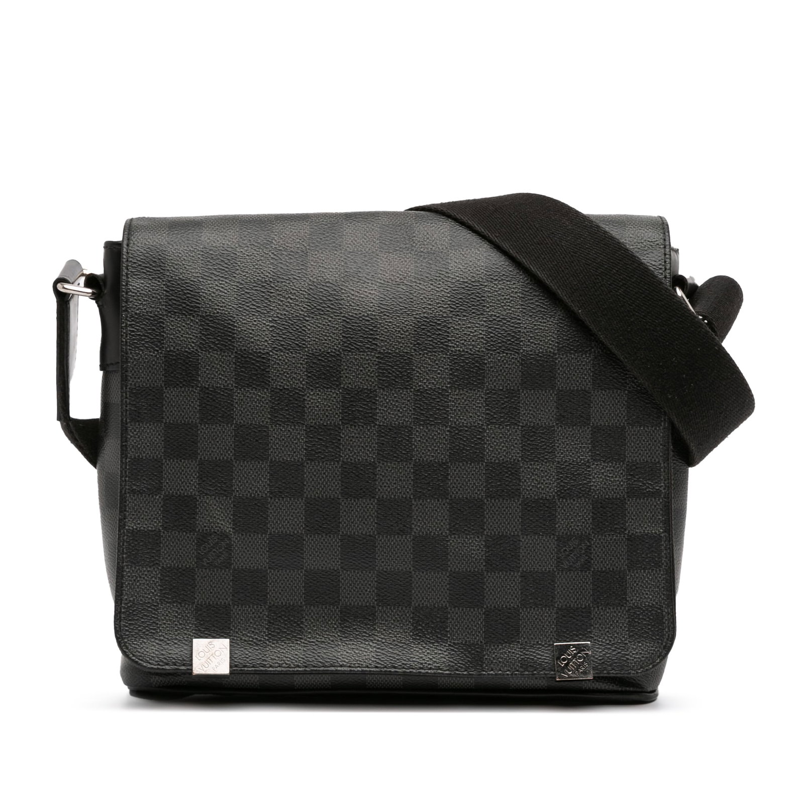 Louis Vuitton District PM Shoulder Bag in Damier Graphite Canvas: Louis Vuitton District PM Shoulder Bag in Damier Graphite Canvas The Louis Vuitton Damier Graphite District PM is crafted from signature Damier Graphite canvas and features an adjustable flat shoulder