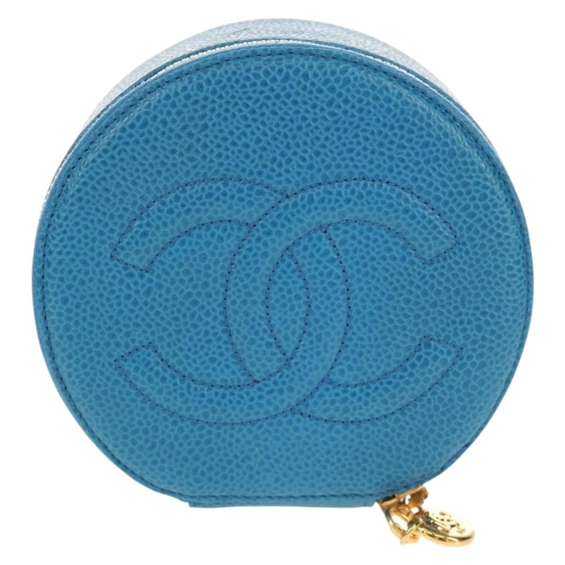 Chanel Caviar Leather Vintage Round Jewelry Case Blue: Chanel Caviar Leather Vintage Round Jewelry Case Blue This vintage Chanel Timeless Round Jewelry Case for women is crafted in blue leather and features a compact, elegant design. It has minor surface 