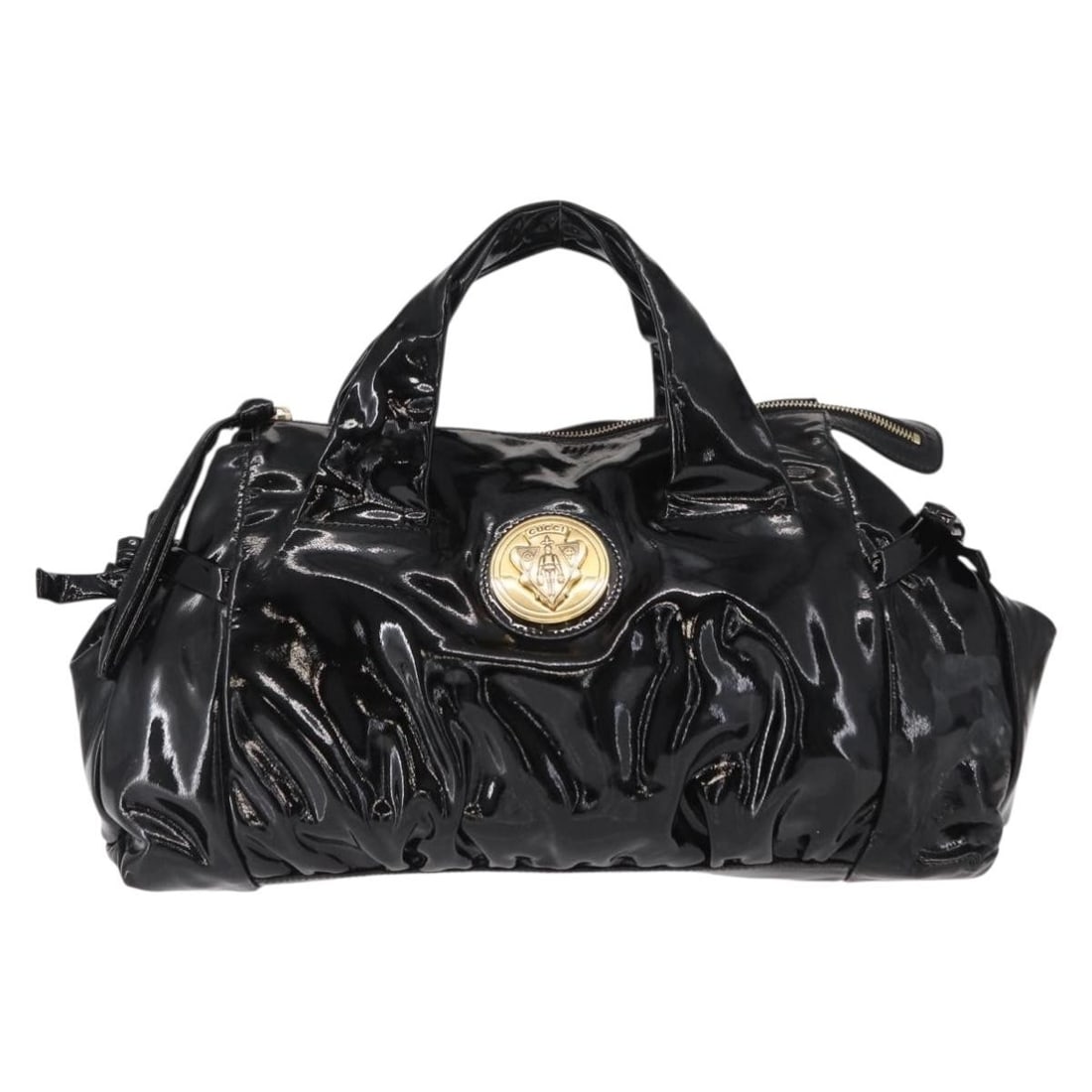 Gucci Hysteria Top Handle Convertible Patent Leather Bag: Gucci Hysteria Top Handle Convertible Patent Leather Bag This Gucci Hysteria Convertible Top Handle Bag is crafted from black patent leather and designed for women. It features a convertible top handl