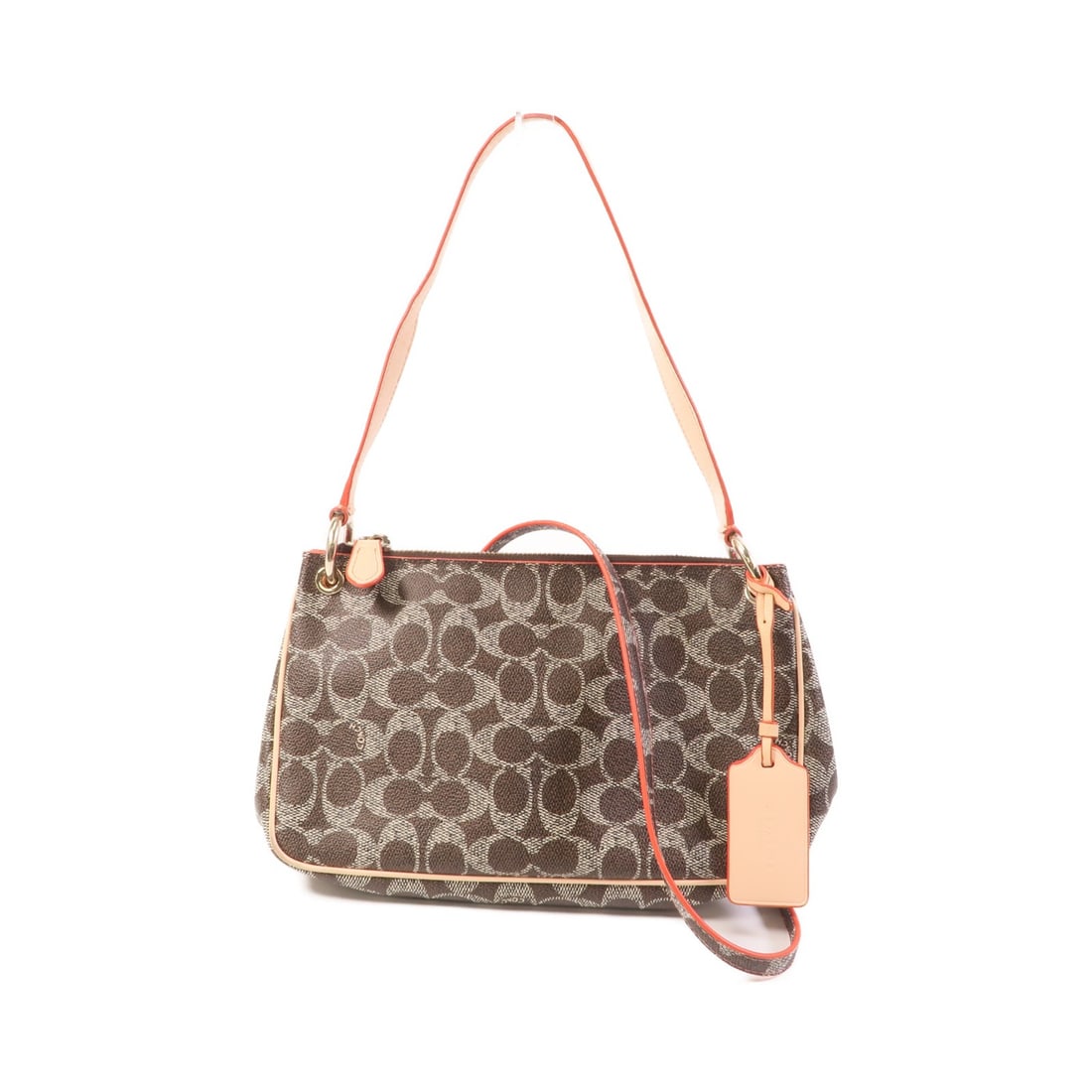 Coach Brown Coated Canvas Shoulder Bag with Gold Tone Hardware: Coach Brown Coated Canvas Shoulder Bag with Gold Tone Hardware This COACH 2-way shoulder bag is crafted from brown PVC coated canvas and features versatile carrying options. Designed for women, it off