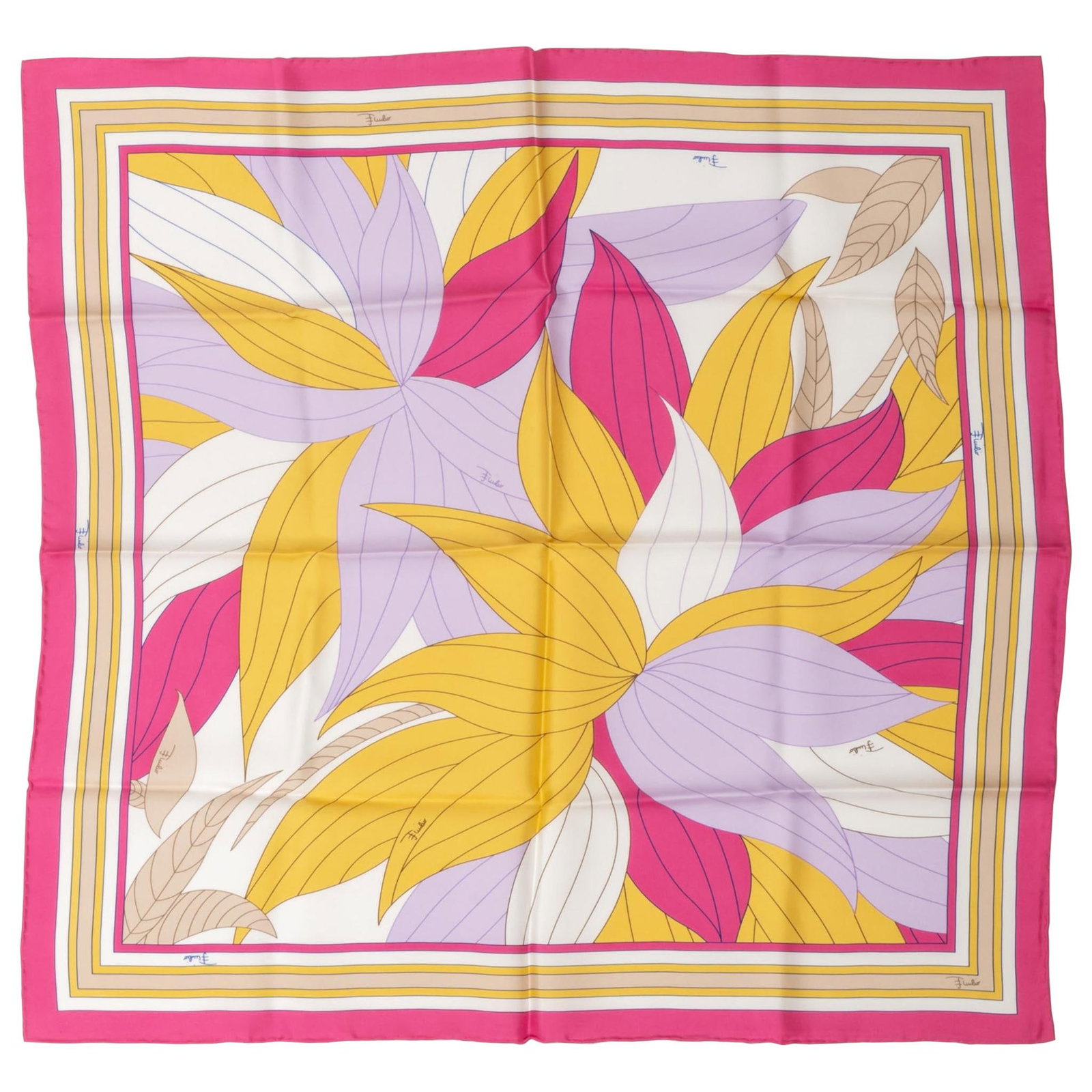 Emilio Pucci Hot Pink Silk Twill Leaves Print Scarf: Emilio Pucci Hot Pink Silk Twill Leaves Print Scarf Elevate your accessory collection with this exquisite Emilio Pucci silk twill scarf featuring a vibrant hot pink leaves print. Crafted in Italy, thi