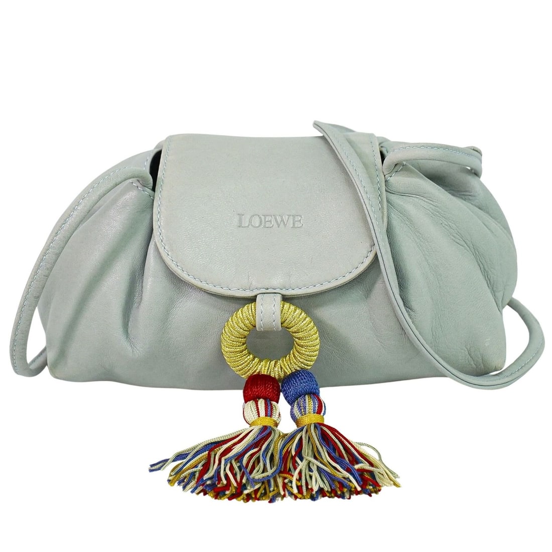 Gray Leather Vintage Crossbody Bag by Loewe Spain: Gray Leather Vintage Crossbody Bag by Loewe Spain This Loewe Vintage Crossbody is crafted from gray leather and designed for women. The bag shows signs of use, including sunburn on the body, scuffed c