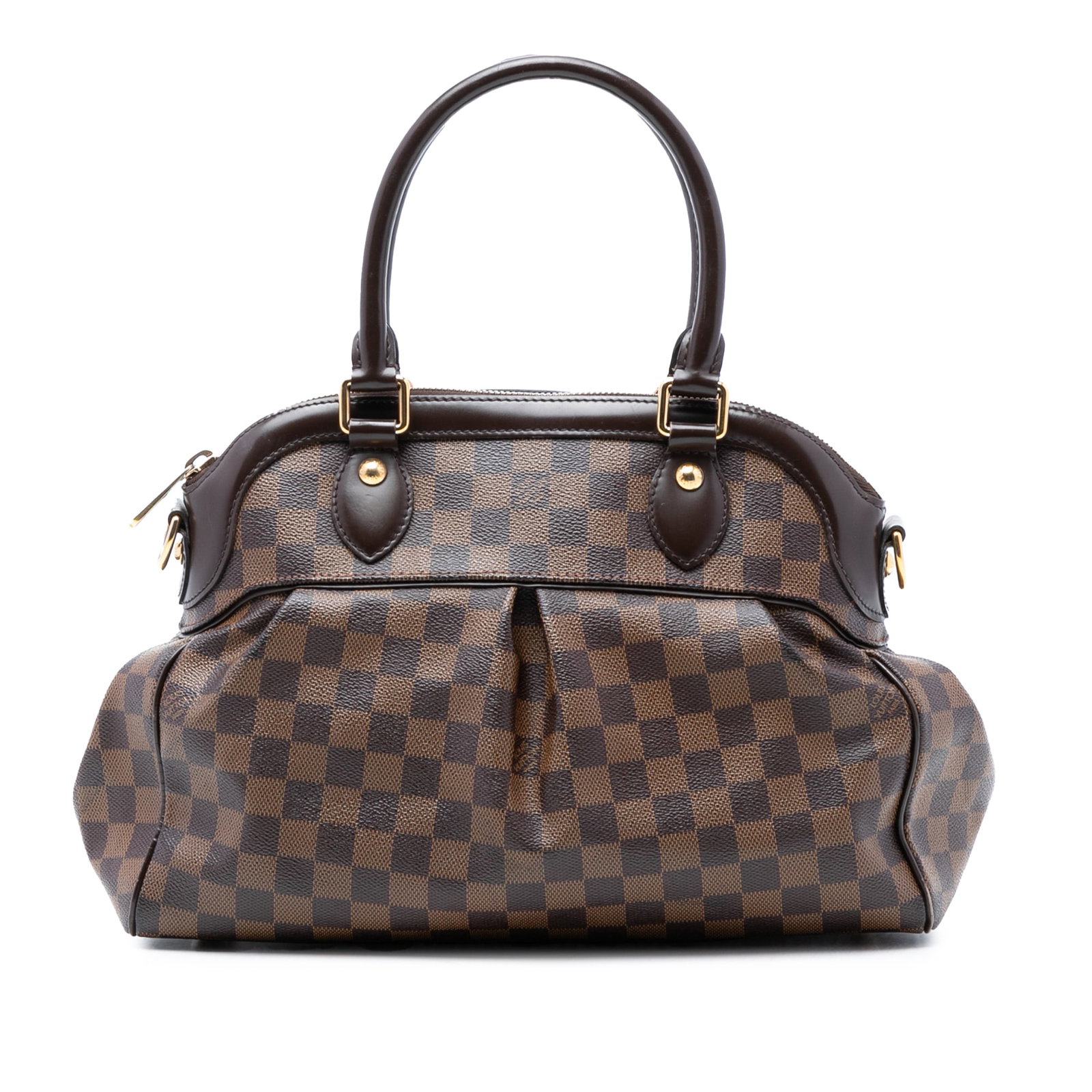 Louis Vuitton Trevi PM Handbag in Damier Ebene Canvas: Louis Vuitton Trevi PM Handbag in Damier Ebene Canvas The Louis Vuitton Damier Ebene Trevi PM is crafted with a signature Damier Ebene canvas and features leather trim, rolled leather handles, a top z