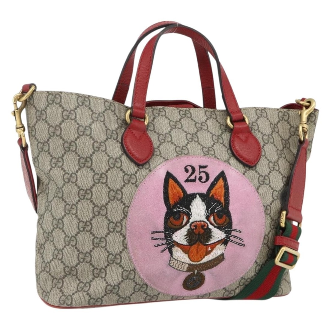 Gucci Mystic Cat PVC leather beige gold handbag 473887 with shoulder strap: Gucci Mystic Cat PVC leather beige gold handbag 473887 with shoulder strap This GUCCI GG Supreme Mystic Cat handbag features a beige and gold color scheme and is crafted from durable PVC leather and G