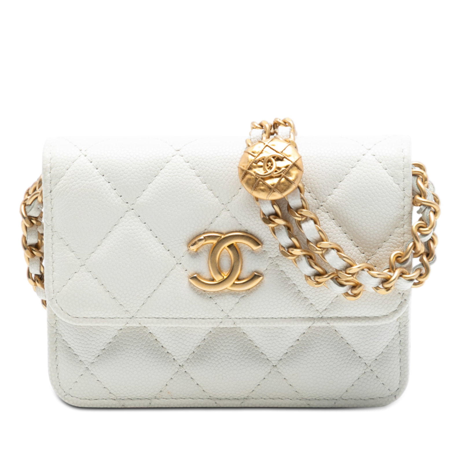Chanel Medallion Charm Quilted Caviar Leather Clutch with Chain Strap: Chanel Medallion Charm Quilted Caviar Leather Clutch with Chain Strap This Chanel clutch features a quilted caviar leather body in white, accented by a leather-woven chain strap with medallion charm d