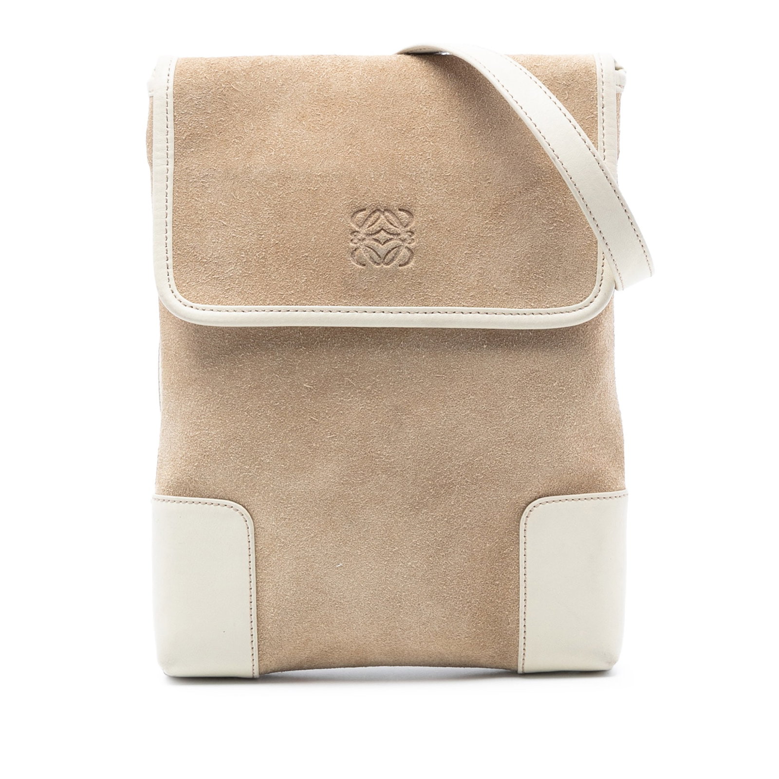 Loewe Suede Anagram Brown Leather Crossbody Bag with Flap Closure: Loewe Suede Anagram Brown Leather Crossbody Bag with Flap Closure This LOEWE Suede Anagram Crossbody bag features a brown suede body with calf leather trim, a flat leather strap, and a front flap with
