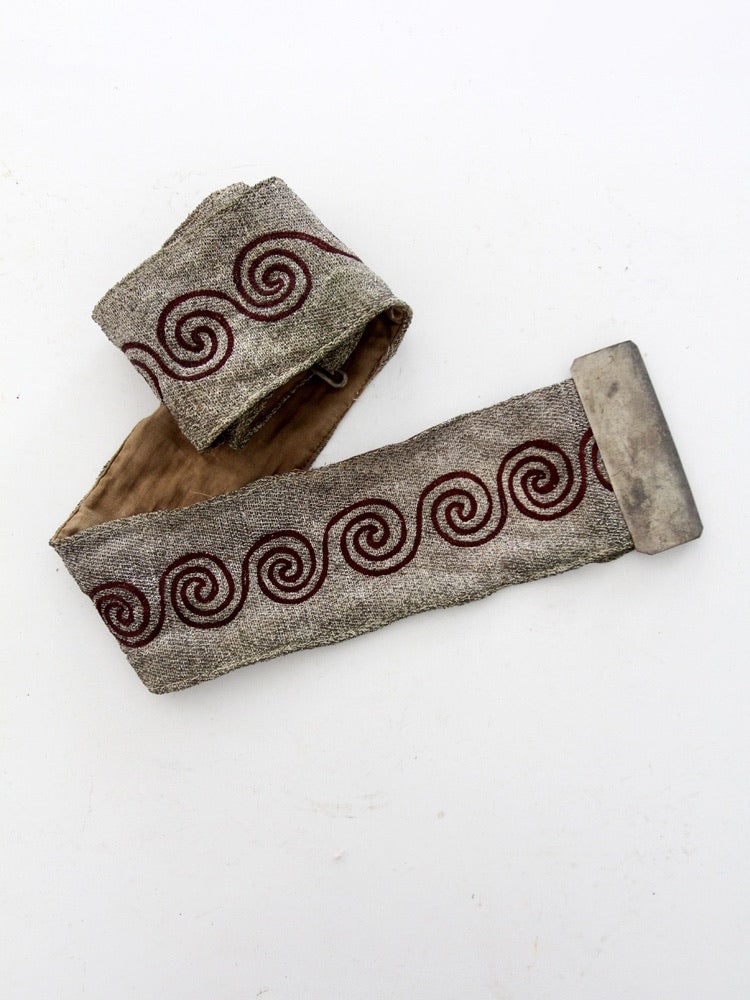 Metallic Thread Fraternal Ceremonial Sash Belt with Red Spiral Embroidery: Metallic Thread Fraternal Ceremonial Sash Belt with Red Spiral Embroidery This early 20th century ceremonial fraternal sash belt features metallic thread weaving and embroidered red spiral motifs. The