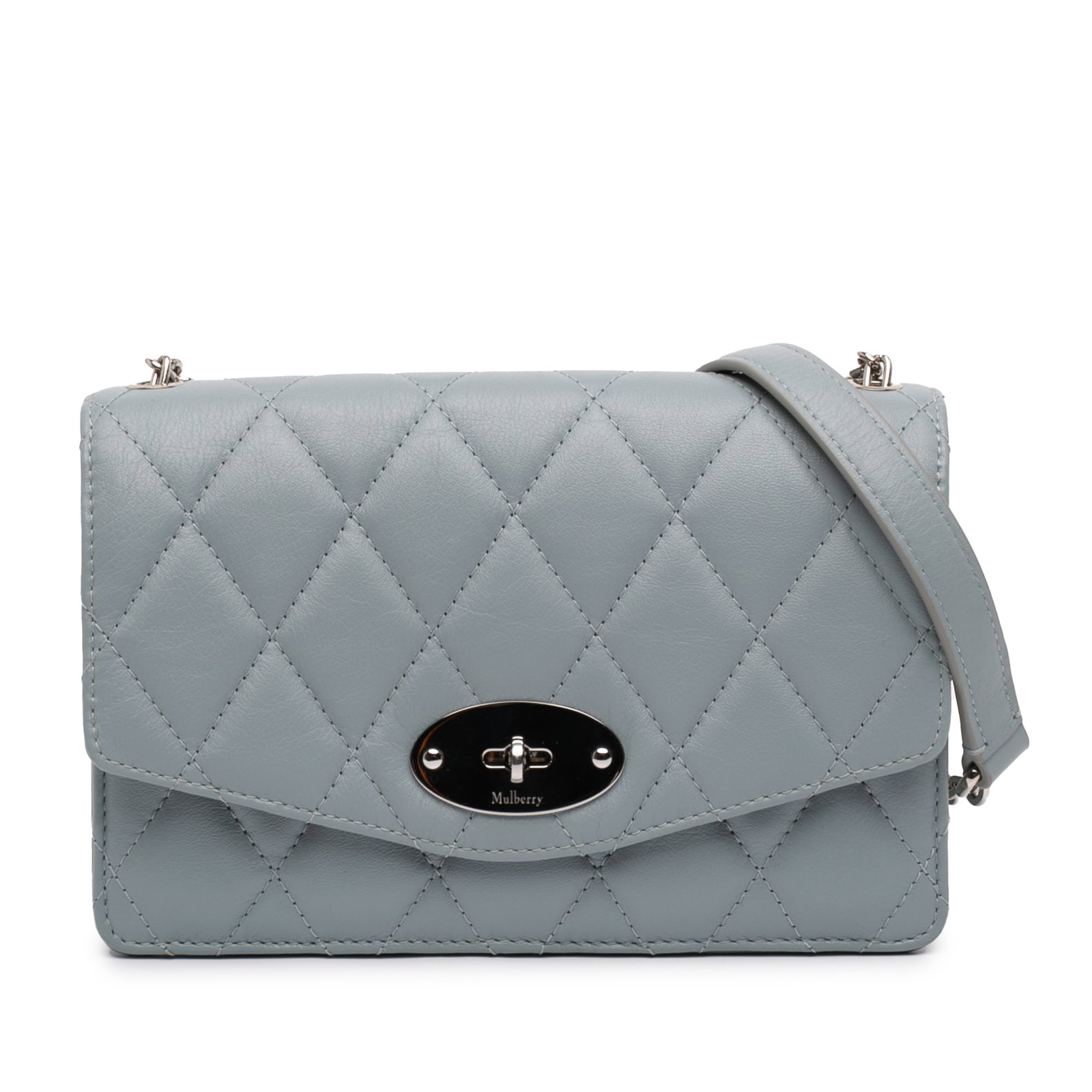 Mulberry Darley Small Blue Quilted Leather Crossbody Bag with Chain Strap: Mulberry Darley Small Blue Quilted Leather Crossbody Bag with Chain Strap This Mulberry Small Quilted Leather Darley Crossbody features a quilted leather exterior in blue, a chain link strap, a front 