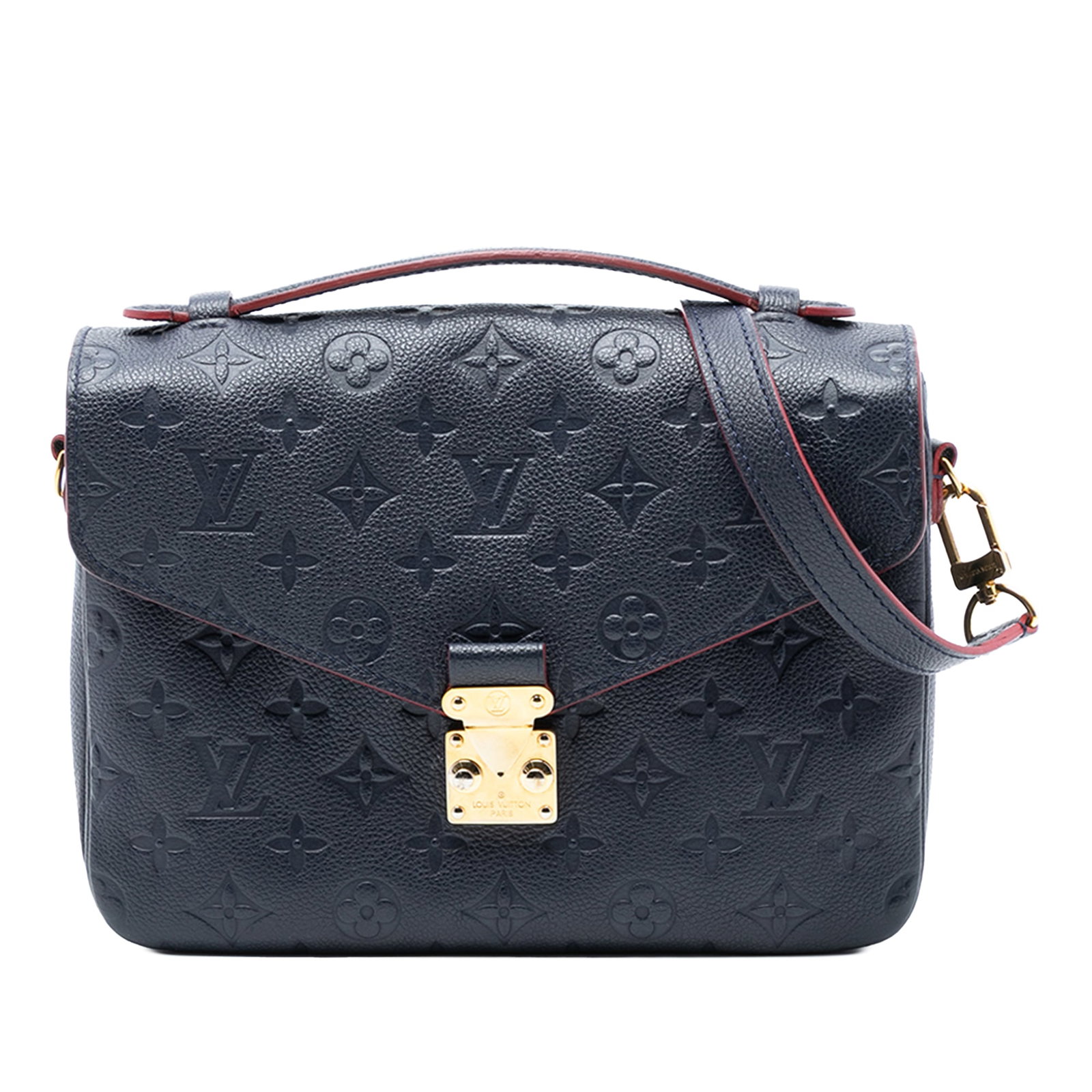 Louis Vuitton Pochette Metis Blue Monogram Empreinte Leather Bag With Strap: Louis Vuitton Pochette Metis Blue Monogram Empreinte Leather Bag With Strap This Louis Vuitton Monogram Empreinte Pochette Metis handbag features a blue monogram-embossed leather exterior, a flat leat