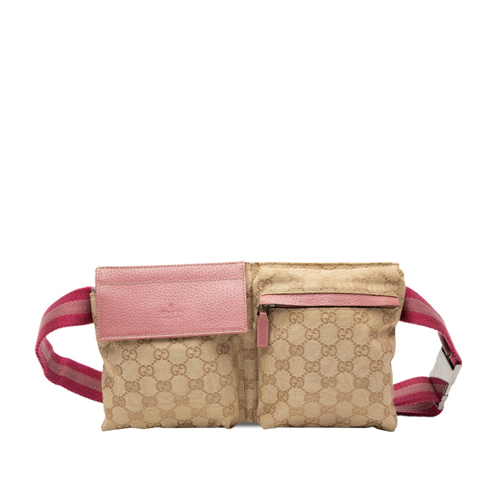 GG Canvas Web Belt Bag with Dual Front Pockets by Gucci: GG Canvas Web Belt Bag with Dual Front Pockets by Gucci This belt bag features a beige canvas body with double front pockets, an adjustable web canvas waist strap, and both flap and zip closures on th