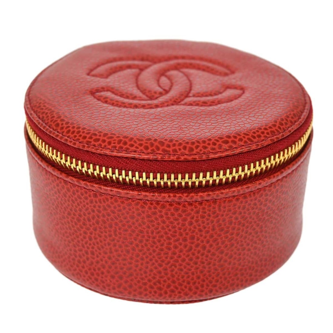 Chanel Vintage Red Caviar Skin Round Jewelry Case: Chanel Vintage Red Caviar Skin Round Jewelry Case This exquisite Chanel jewelry case pouch is crafted from luxury caviar skin, featuring a vibrant red color and a charming round shape. It is a vintage