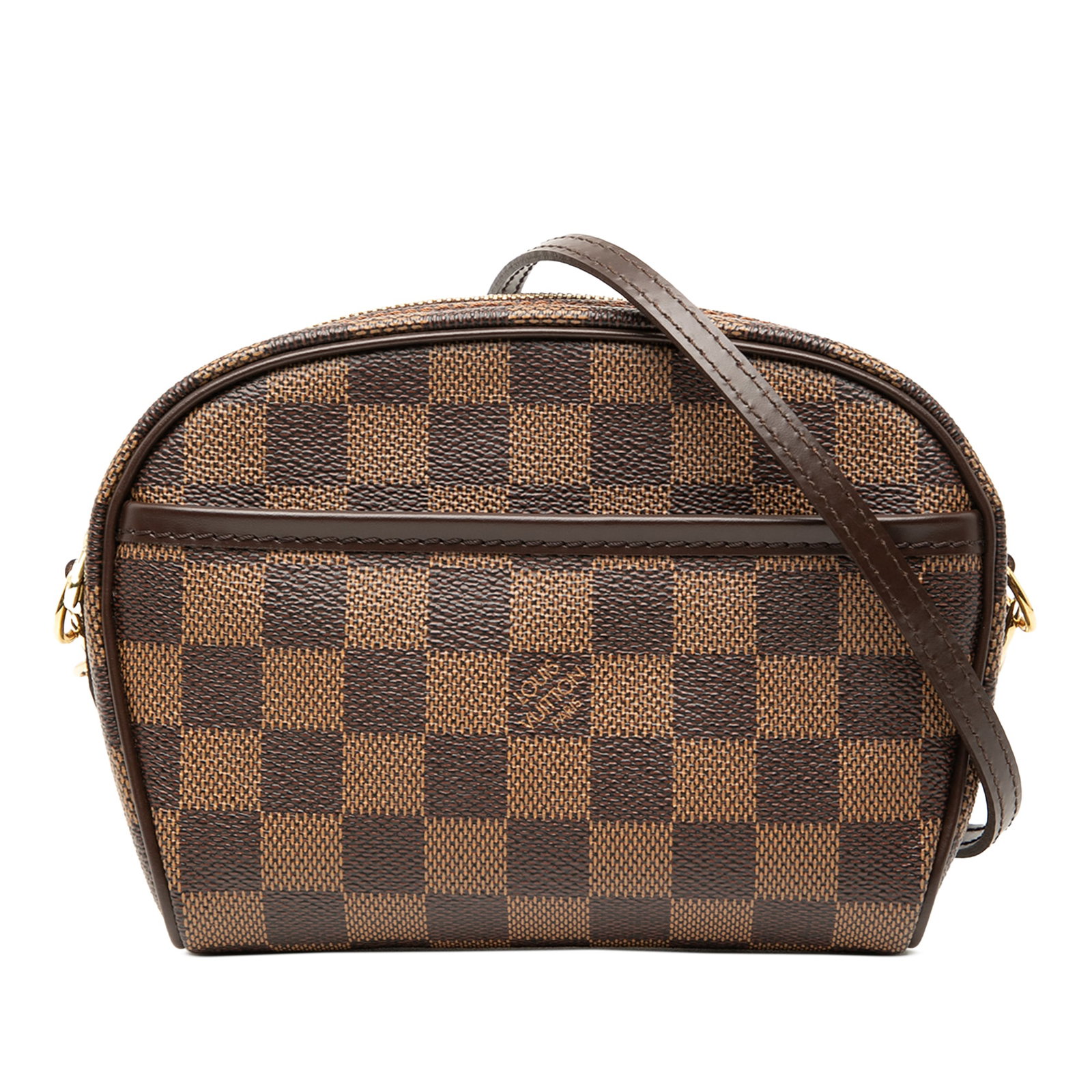 Louis Vuitton Ipanema Damier Ebene Canvas Pochette Bag with Leather Strap: Louis Vuitton Ipanema Damier Ebene Canvas Pochette Bag with Leather Strap The Louis Vuitton Damier Ebene Ipanema Pochette features a signature Damier canvas body with a brown colorway, a flat leather 