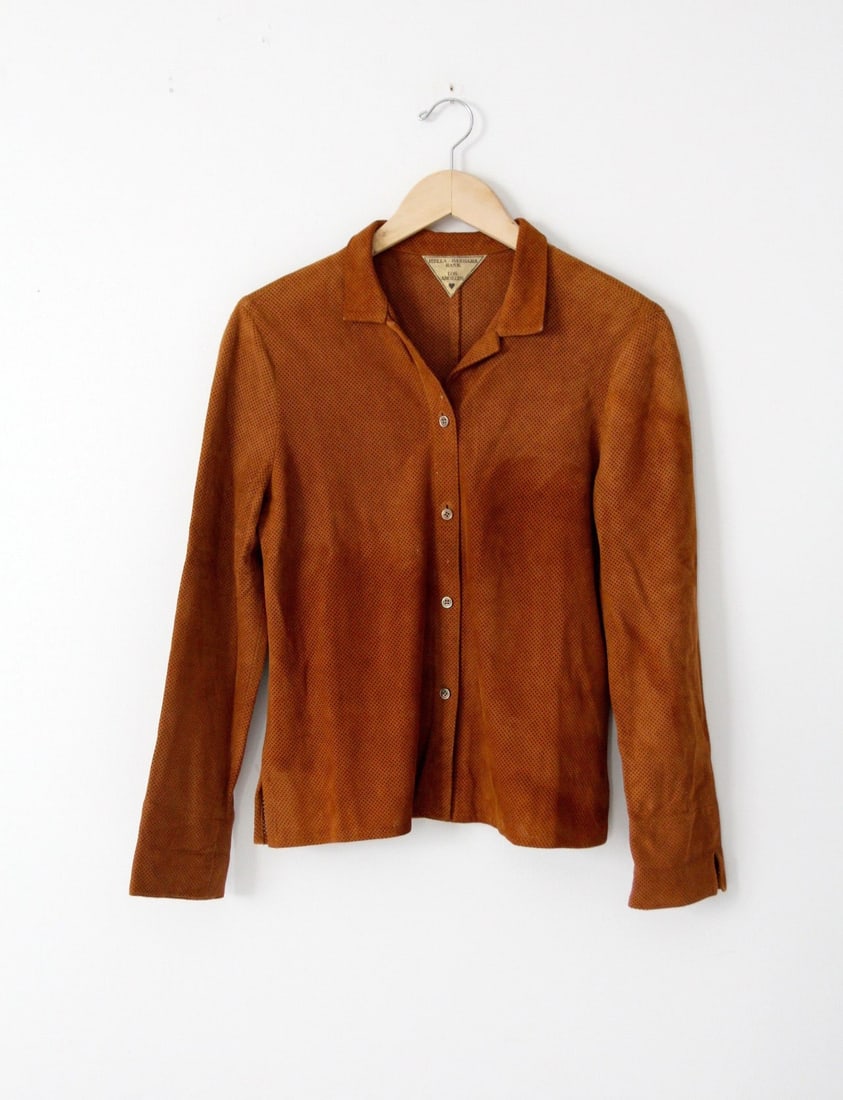 Vintage Hella Barbara Rank Perforated Leather Blouse Tawny Brown (1 of 8)