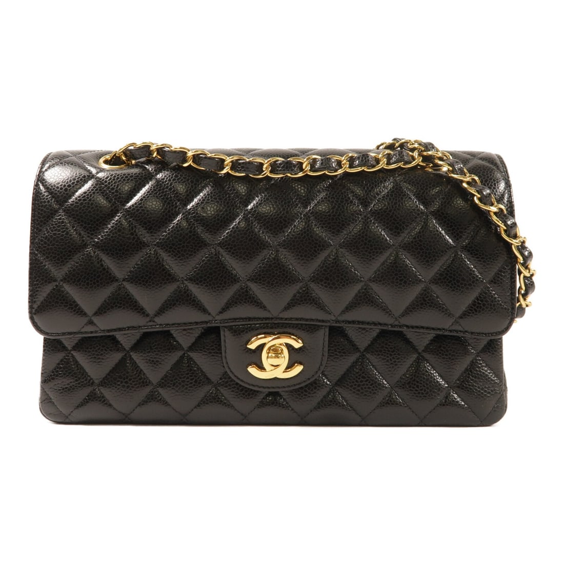 Chanel Classic 25 Black Calfskin Shoulder Bag with Gold Hardware: Chanel Classic 25 Black Calfskin Shoulder Bag with Gold Hardware This CHANEL Classic 25 chain shoulder bag features a black calfskin leather exterior with gold-tone hardware, designed for women. The b