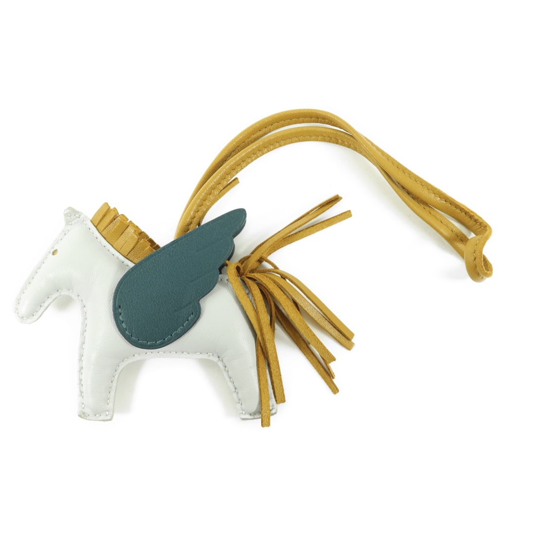 Hermes Rodeo Pegase PM Lambskin Bag Charm in Blue Brume Sesame Green: Hermes Rodeo Pegase PM Lambskin Bag Charm in Blue Brume Sesame Green This Hermes Rodeo Pegase PM charm is crafted from Milo Swift lambskin leather in a Bleu Brume shade, accented with Sesame and Vert 