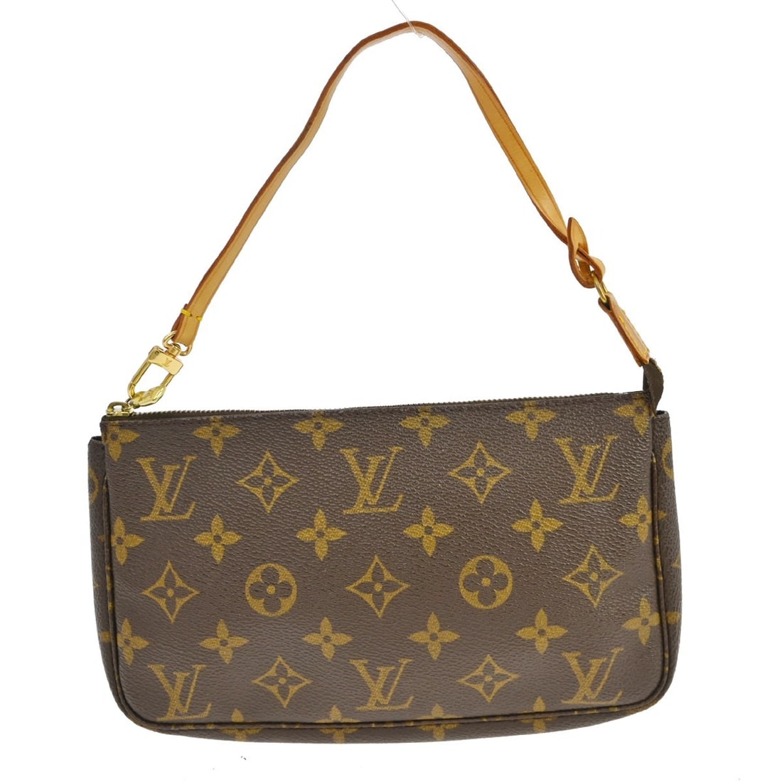 Louis Vuitton Monogram Canvas Pochette Accessoires Brown France: Louis Vuitton Monogram Canvas Pochette Accessoires Brown France This Louis Vuitton Pochette Accessoires is crafted from brown monogram canvas and designed for women. The bag shows visible dirt and scu
