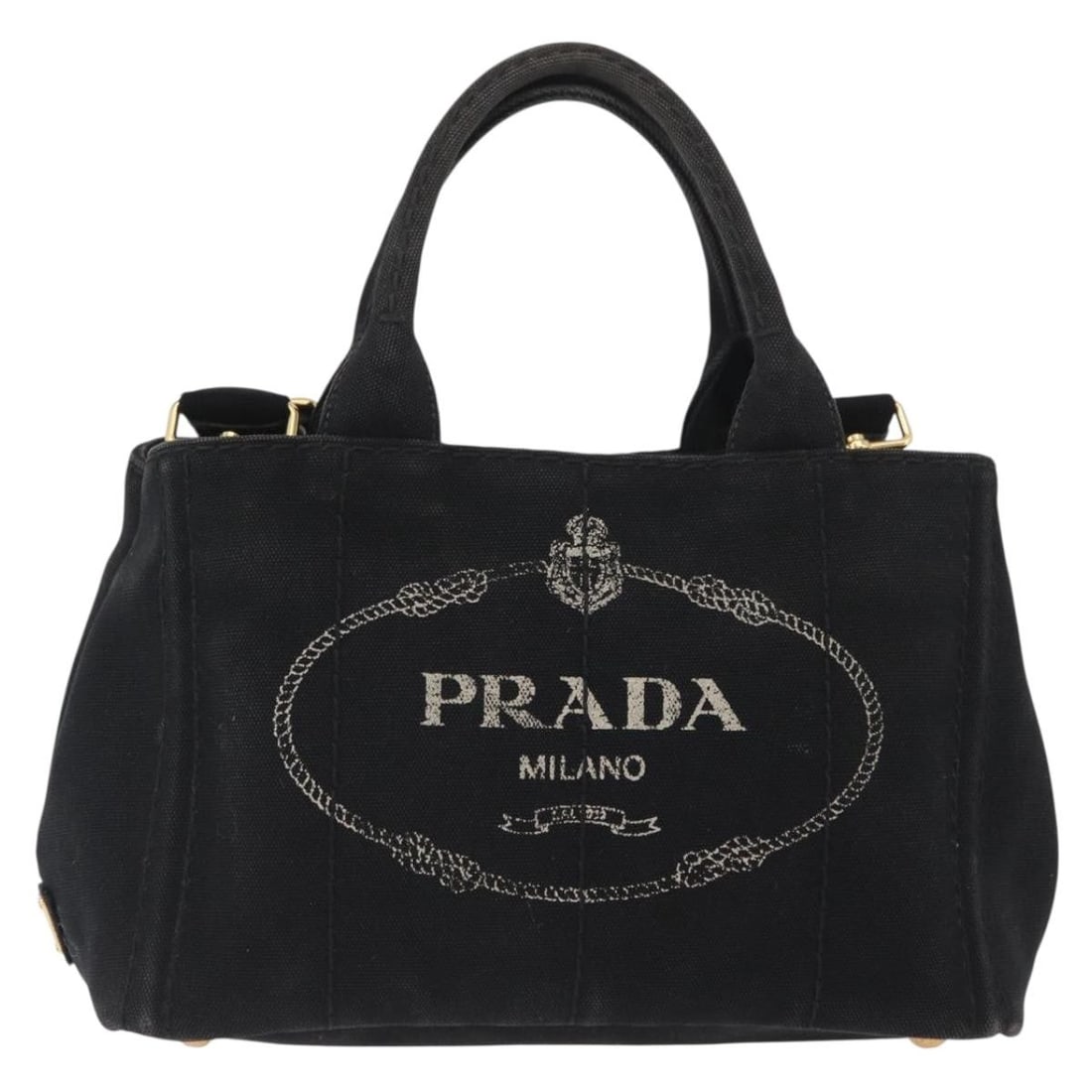 Black Canvas Canapa Tote Bag by Prada 27cm: Black Canvas Canapa Tote Bag by Prada 27cm This Prada Canapa Tote features a black canvas exterior with a spacious interior, designed for women. The tote showcases a structured silhouette and includes