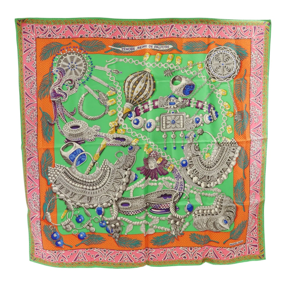 Hermes Silk Multicolor Women's 90x90 Square Scarf in Green Orange Pink: Hermes Silk Multicolor Women's 90x90 Square Scarf in Green Orange Pink This Hermes scarf is crafted from luxurious silk and features a vibrant multicolor design with shades of green, orange, and pink.