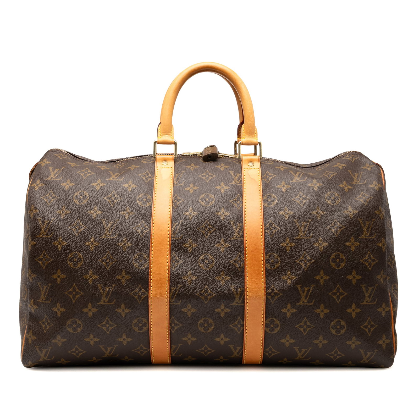 Louis Vuitton Monogram Keepall 45 Travel Bag with Vachetta Trim: Louis Vuitton Monogram Keepall 45 Travel Bag with Vachetta Trim Introducing the Louis Vuitton Monogram Keepall 45, an iconic travel bag crafted from durable monogram canvas, complemented by elegant va