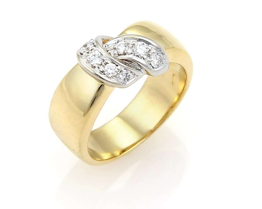 Pomellato 18k Two Tone Diamond Ribbon Wrap Ring Size 6.5: Pomellato 18k Two Tone Diamond Ribbon Wrap Ring Size 6.5 This Pomellato Diamonds Ribbon Wrap Band Ring is crafted from solid 18k two-tone gold and showcases a distinctive ribbon wrap design set with 0