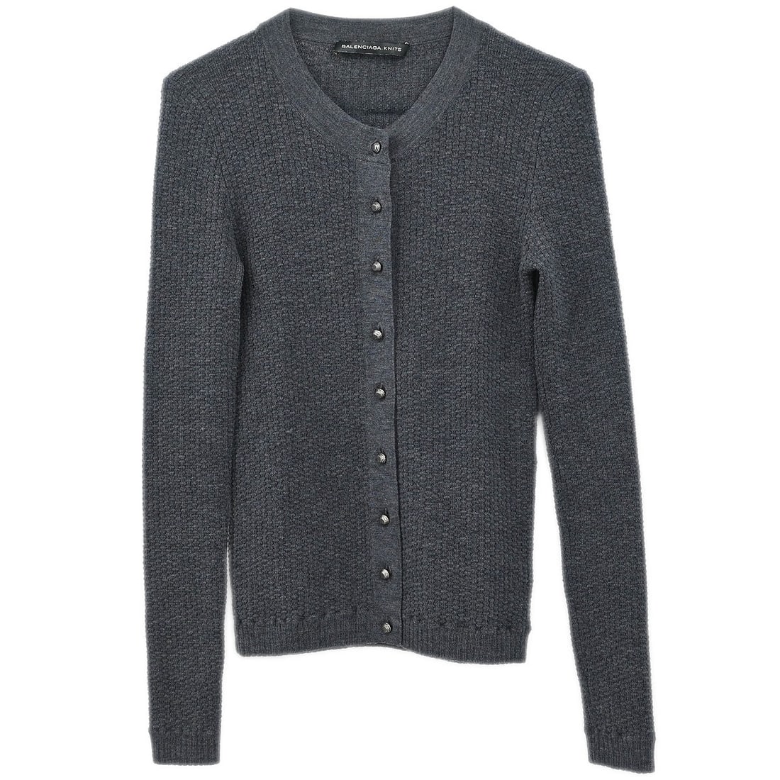 Vintage Balenciaga Gray Wool Coatigan #36 Collarless Jacket: Vintage Balenciaga Gray Wool Coatigan #36 Collarless Jacket This vintage Balenciaga cardigan, also known as a coatigan, showcases a sophisticated gray hue and is crafted from 100% wool, ensuring both 