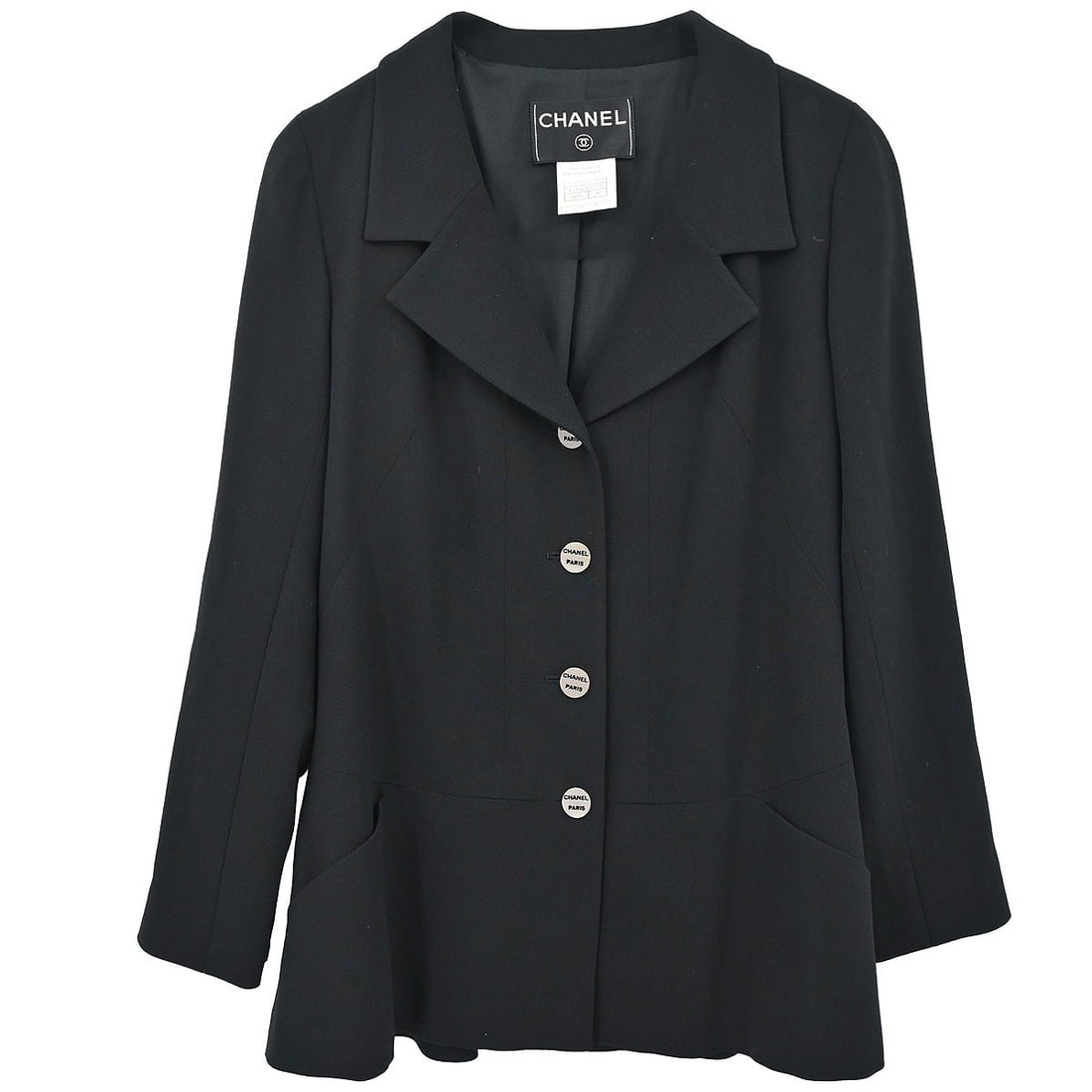 CHANEL Black Wool Women s FR 40 Long Jacket: CHANEL Black Wool Women s FR 40 Long Jacket This vintage Chanel jacket is crafted from 100% wool in a classic black color. Designed with a long length and long sleeves, it features a regular fit and s