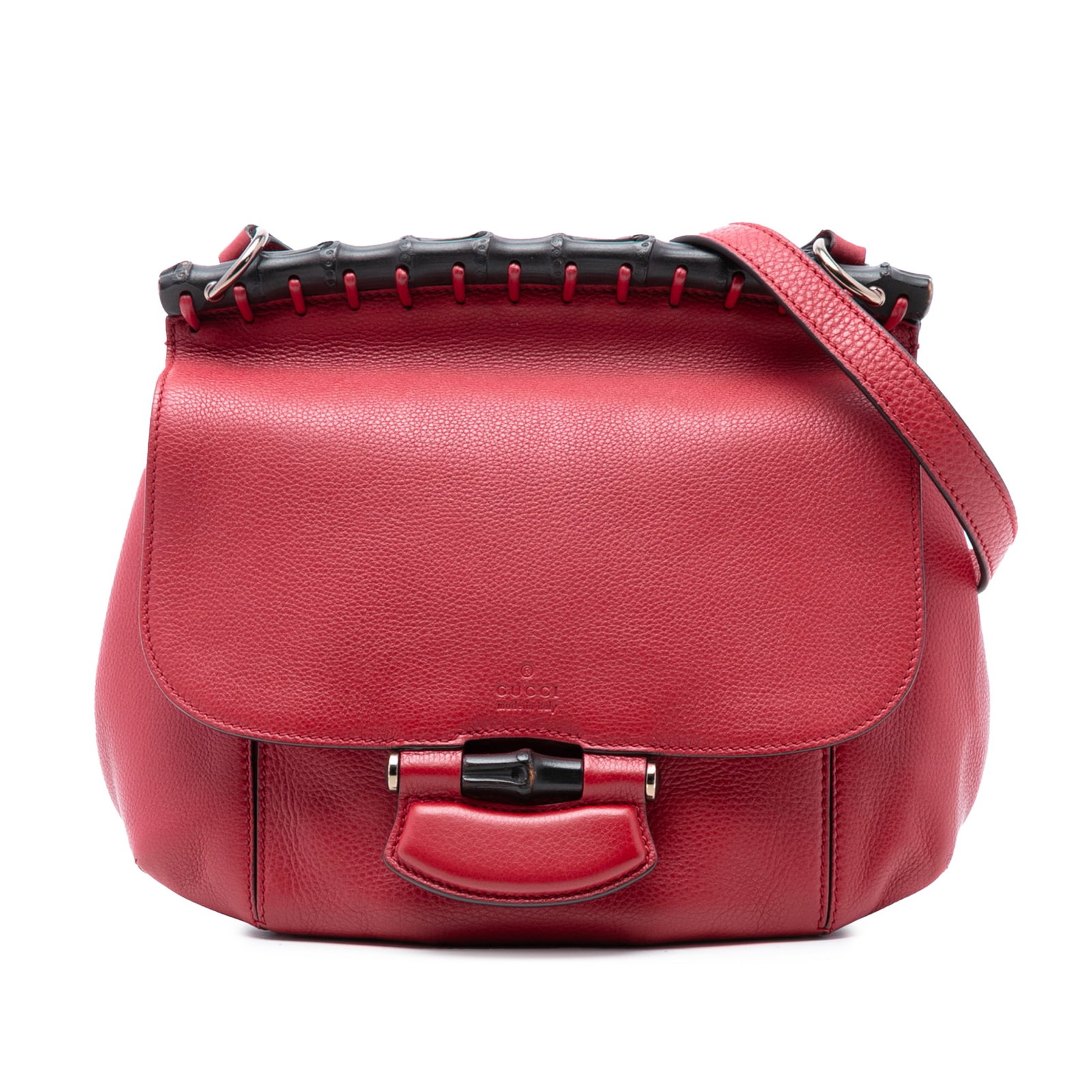 Gucci Nouveau Fringe Medium Red Leather Crossbody Bag with Bamboo Accent: Gucci Nouveau Fringe Medium Red Leather Crossbody Bag with Bamboo Accent This Gucci Medium Leather Bamboo Nouveau Fringe Crossbody features a red leather body with a stylish fringe detail, a flat leat