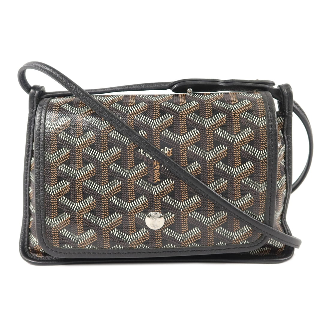 Goyard Plumet Black Coated Canvas Shoulder Bag: Goyard Plumet Black Coated Canvas Shoulder Bag This Goyard Plumet shoulder bag features a sleek design crafted from durable PVC coated canvas in black, accented with brown details. Made in France, it 