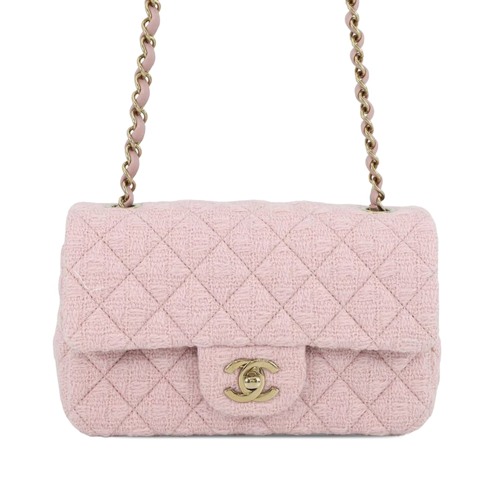 Chanel Tweed Mini Rectangular Crossbody Bag with Woven Chain Strap: Chanel Tweed Mini Rectangular Crossbody Bag with Woven Chain Strap This Chanel Mini Classic Rectangular Tweed Single Flap crossbody bag features a pink tweed body, a fabric-woven chain shoulder strap,