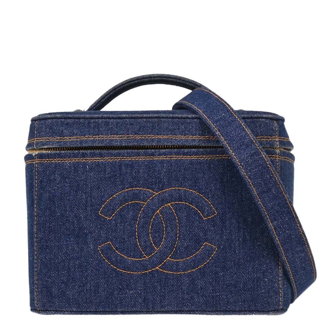 Chanel Blue Denim Vanity 2way Handbag with Leather Lining: Chanel Blue Denim Vanity 2way Handbag with Leather Lining This Chanel Blue Denim Vanity 2-way Handbag is a stylish accessory perfect for casual occasions. It features a medium-sized design with a zipp