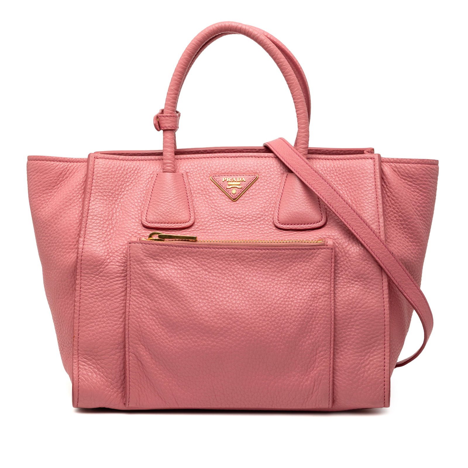 Prada Vitello Daino Pink Leather Tote with Detachable Strap: Prada Vitello Daino Pink Leather Tote with Detachable Strap This Prada Vitello Daino Shopping Tote is crafted from pink leather and features rolled handles, a detachable flat leather strap, an open to