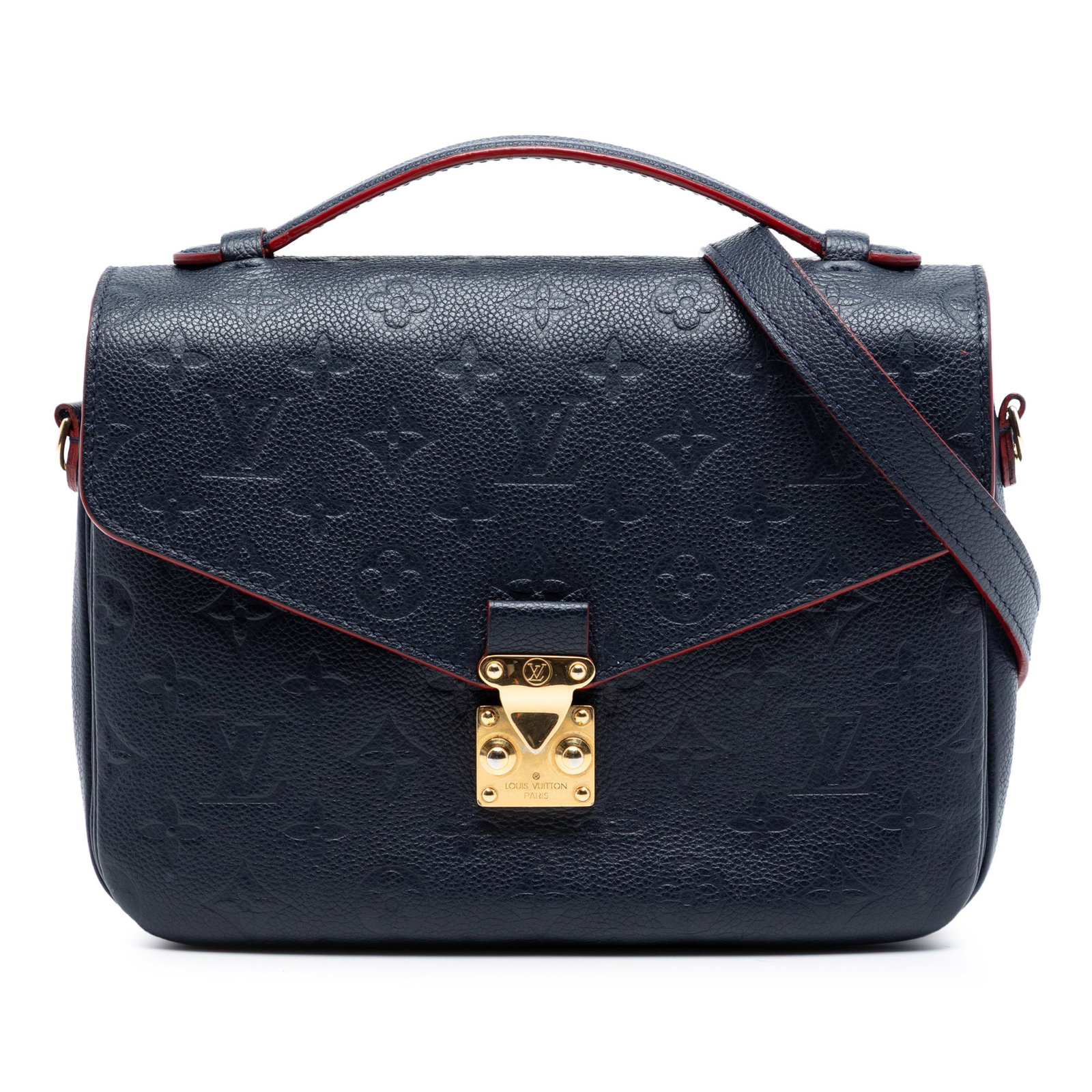 Louis Vuitton Blue Monogram Empreinte Leather Pochette Metis Bag: Louis Vuitton Blue Monogram Empreinte Leather Pochette Metis Bag This Louis Vuitton Monogram Empreinte Pochette Metis features a blue monogram empreinte leather body, a flat leather top handle, and a 
