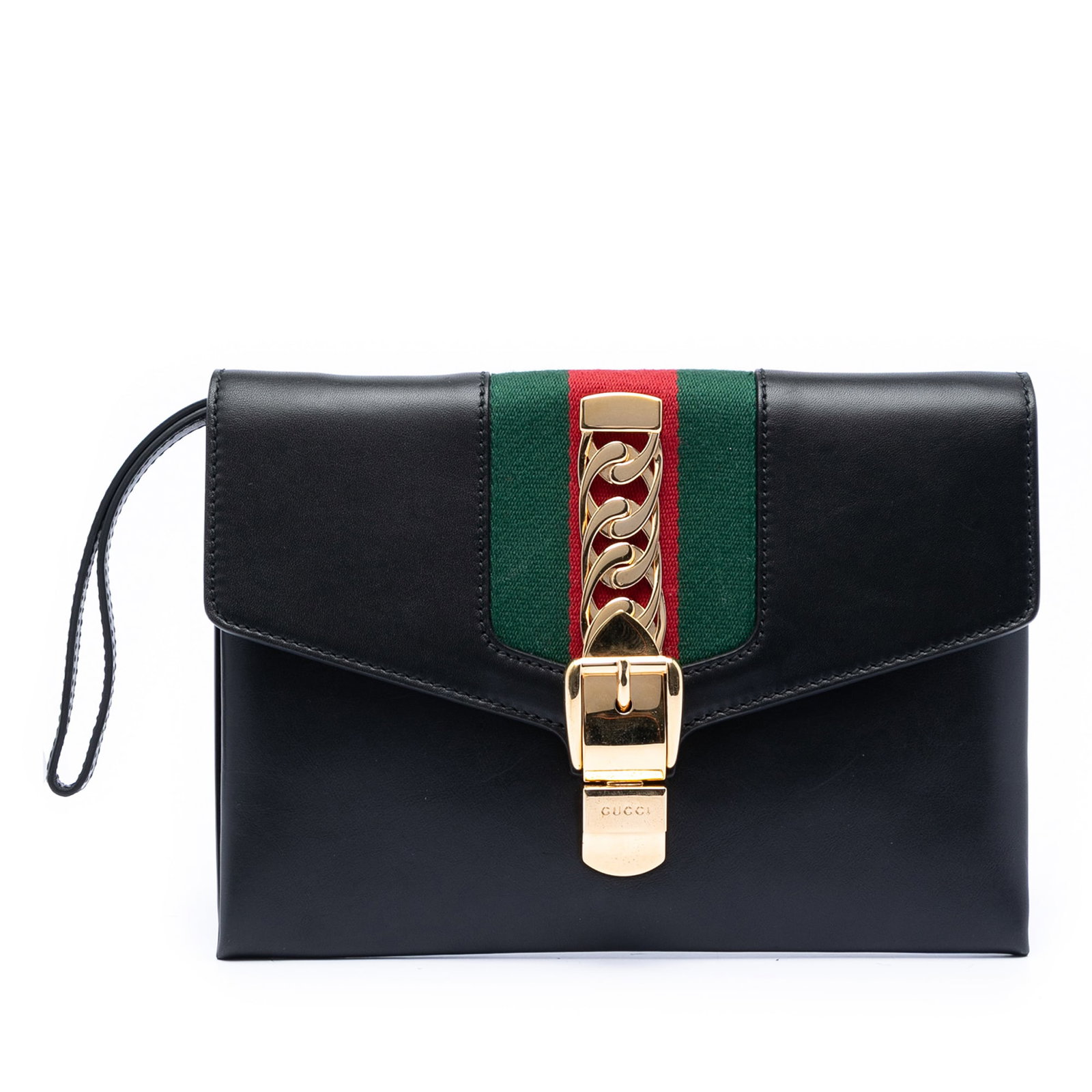 Black Leather Sylvie Web Clutch Bag by Gucci Italy: Black Leather Sylvie Web Clutch Bag by Gucci Italy This Gucci Leather Sylvie Clutch features a black leather body with signature web details, a front flap with magnetic closure, an interior slip pocke