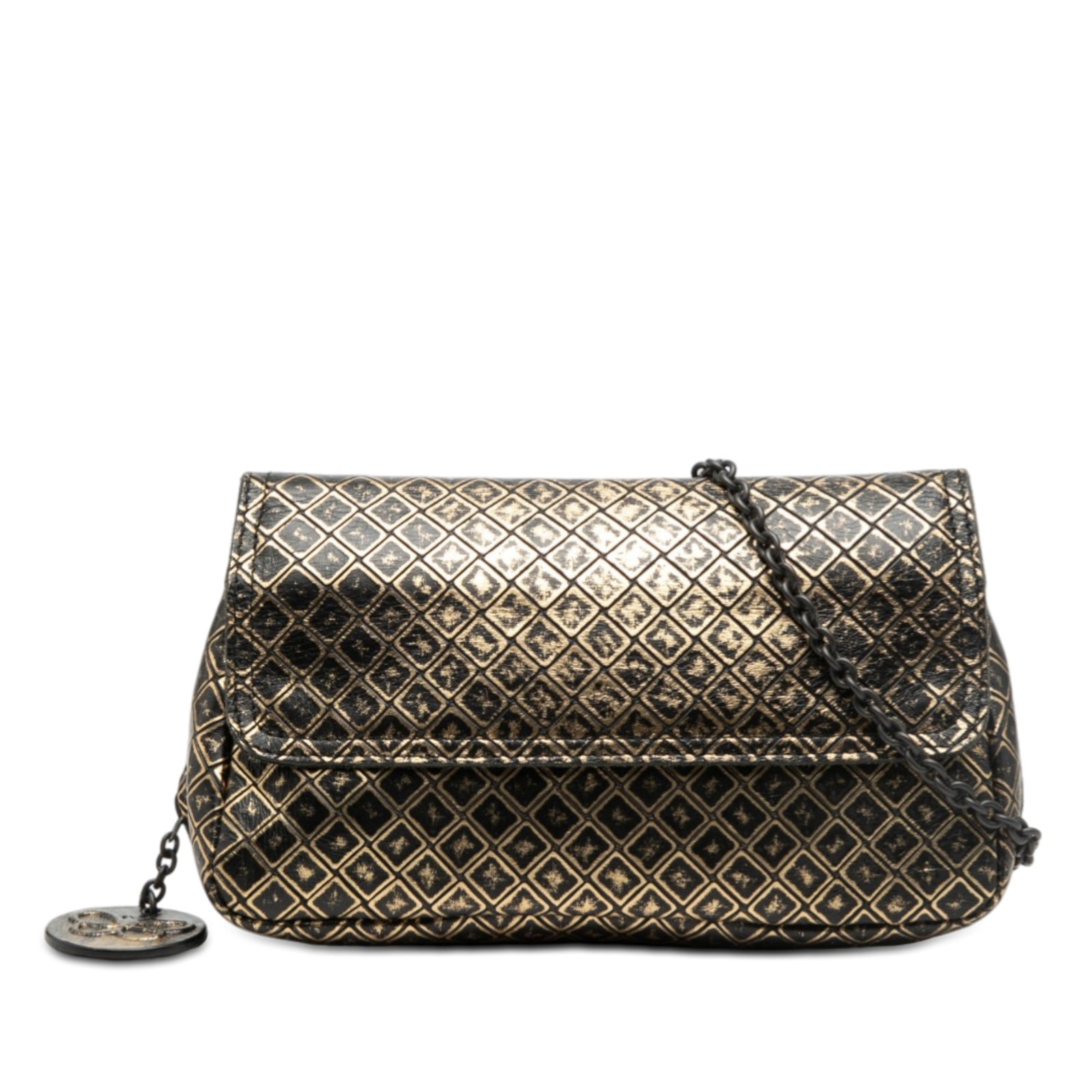 Gold Leather Crossbody Bag with Chain Strap by Bottega Veneta: Gold Leather Crossbody Bag with Chain Strap by Bottega Veneta This Bottega Veneta Metallic Calfskin Intrecciomirage Chain Flap Crossbody bag showcases an embossed leather body in gold, complemented by