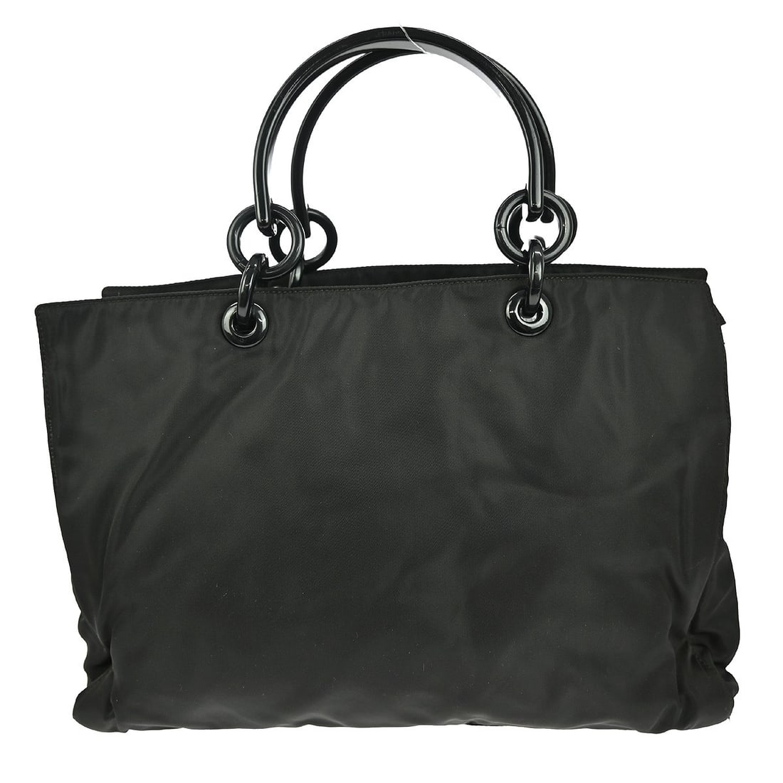 Prada Large Black Nylon Tote Bag with Logo Accent: Prada Large Black Nylon Tote Bag with Logo Accent This stylish Prada Black Nylon Tote Handbag is perfect for casual outings. Featuring a spacious interior, it measures 14 inches in width, 9 inches in 
