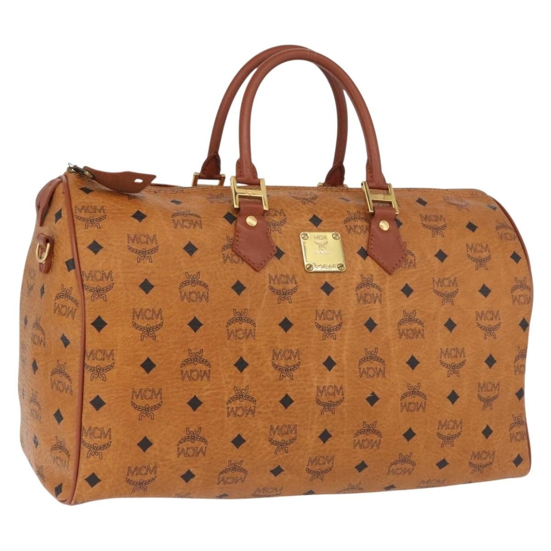 MCM Boston Bag Brown PVC Leather Gold Tone Germany Women's Handbag: MCM Boston Bag Brown PVC Leather Gold Tone Germany Women's Handbag This MCM Boston Bag features the iconic Vicetos logogram design in brown and gold PVC leather. Designed for women, it offers a spacio