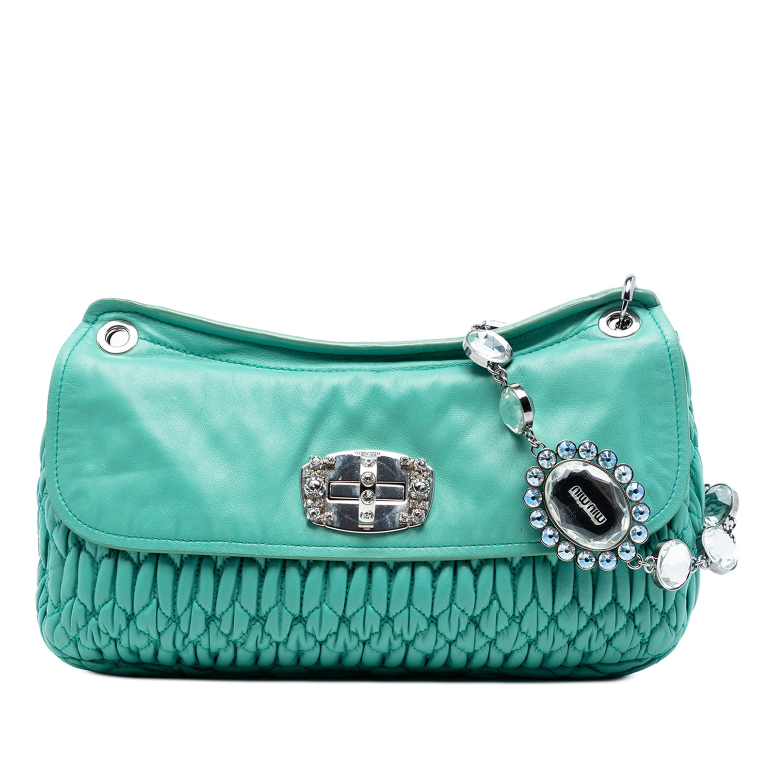 Green Miu Miu Matelasse Leather Bag with Crystal Chain Strap: Green Miu Miu Matelasse Leather Bag with Crystal Chain Strap This Miu Miu Matelasse Nappa Crystal Chain Crossbody bag features a green nappa leather body with a distinctive matelasse design. It is sty