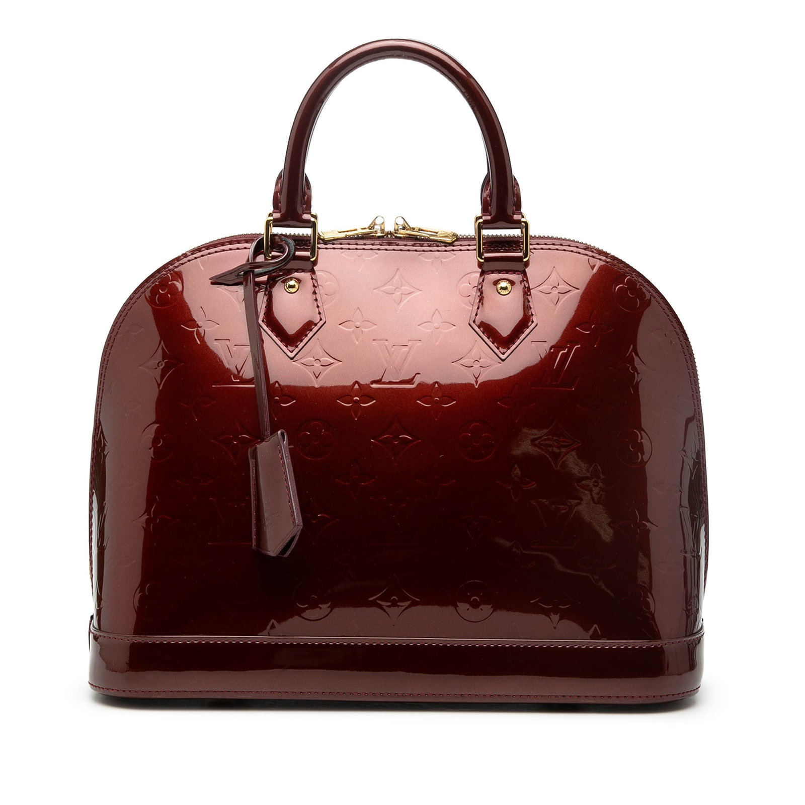 Red Monogram Vernis Leather Alma PM Handbag by Louis Vuitton: Red Monogram Vernis Leather Alma PM Handbag by Louis Vuitton This Louis Vuitton Monogram Vernis Alma PM features a monogram vernis leather body in red, rolled leather handles, a top zip closure, and i