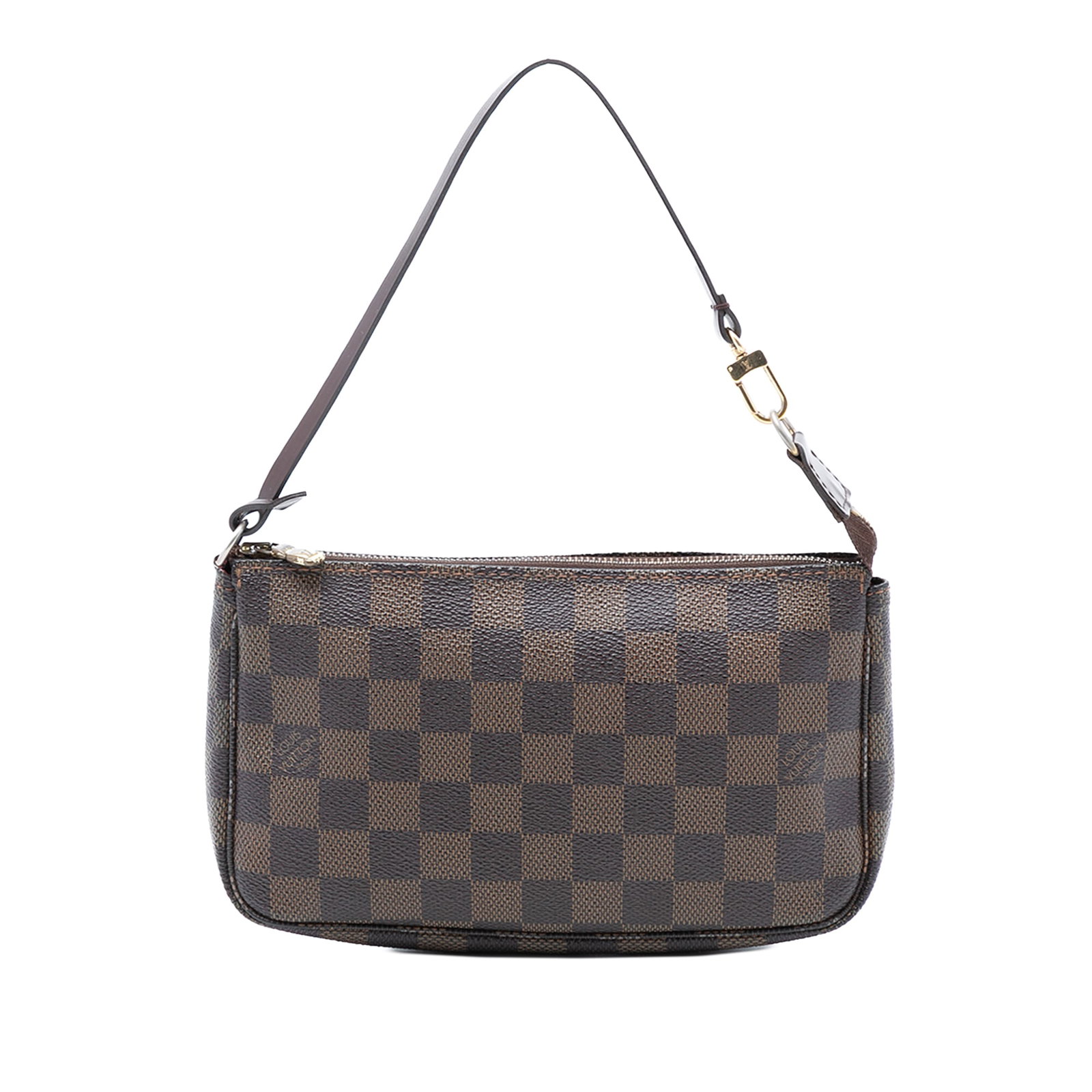 Louis Vuitton Pochette Accessoires in Damier Ebene Canvas Brown: Louis Vuitton Pochette Accessoires in Damier Ebene Canvas Brown This Louis Vuitton Damier Ebene Pochette Accessoires features the iconic damier ebene canvas body, a flat leather strap, and a top zip c
