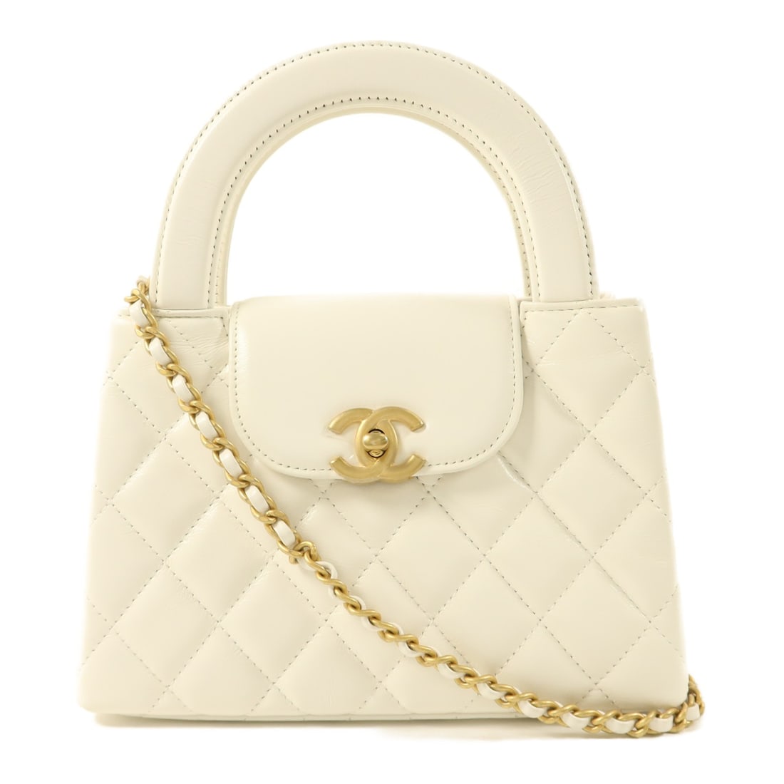 CHANEL Kelly 2 Way Shoulder Bag White Calfskin GHW AS4416: CHANEL Kelly 2 Way Shoulder Bag White Calfskin GHW AS4416 This CHANEL 2-way Kelly bag features a classic CC design with gold-tone hardware, crafted from white calfskin leather. The versatile bag can b