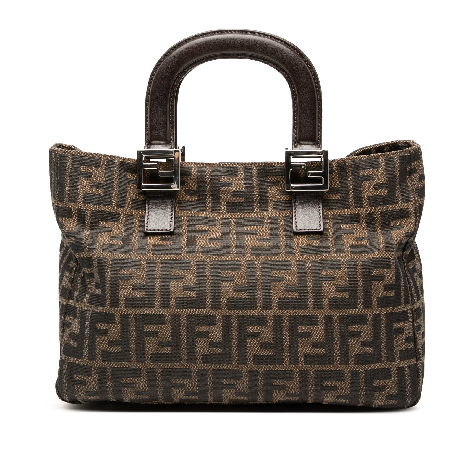 Fendi Twins Small Zucca Pattern Canvas Tote Bag with Leather Handles: Fendi Twins Small Zucca Pattern Canvas Tote Bag with Leather Handles This Fendi Small Zucca Canvas Twins Tote features a brown canvas body with flat leather top handles. The bag has an open top with a