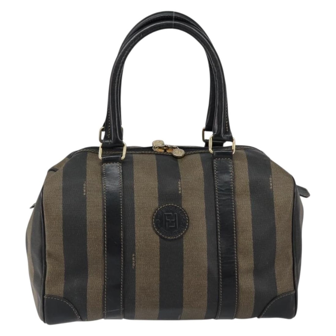 Vintage Fendi Brown Coated Canvas Boston Bag 30cm: Vintage Fendi Brown Coated Canvas Boston Bag 30cm This vintage Fendi Pequin Boston bag is crafted from coated canvas in a brown color, designed for women. It features a structured silhouette with sign