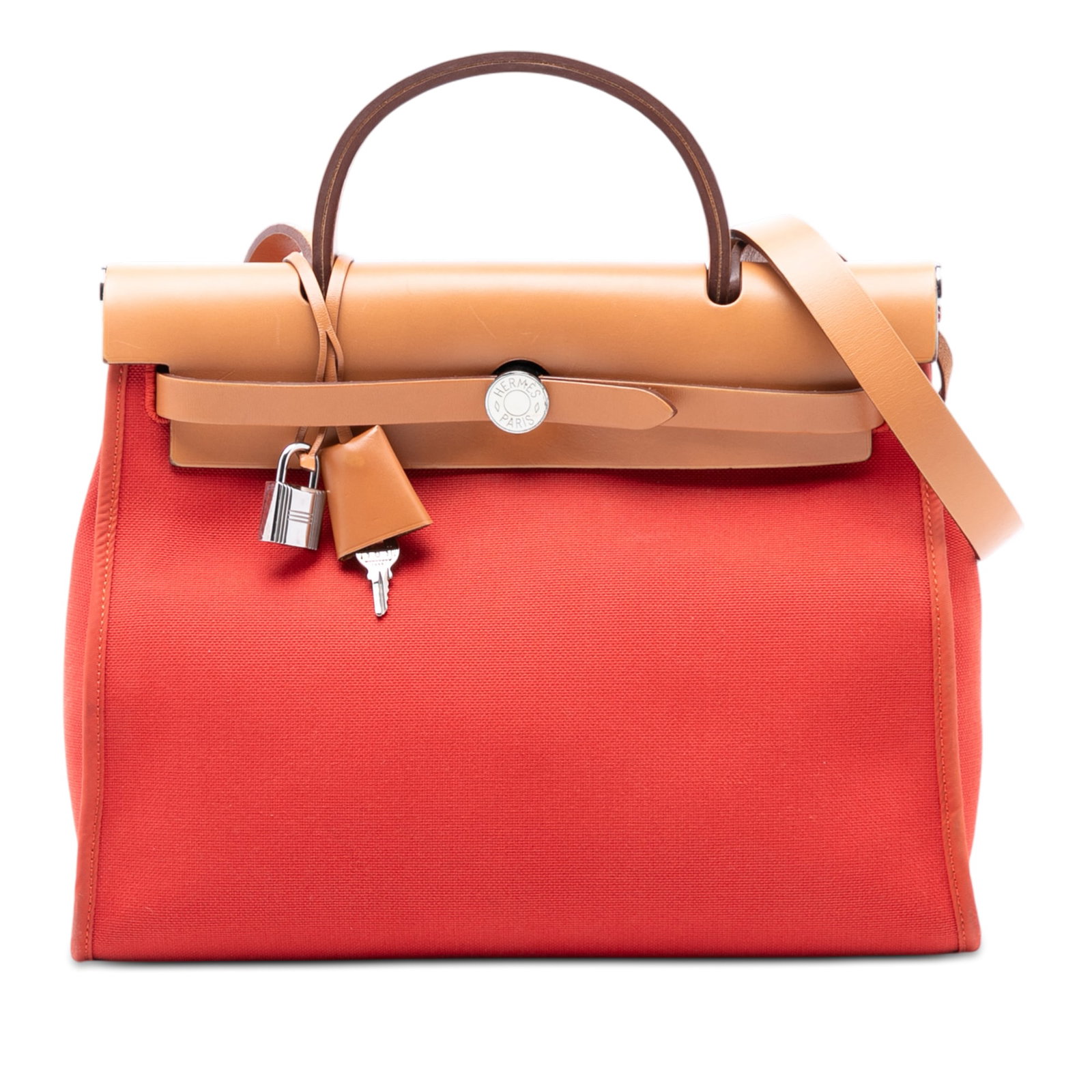 Hermes Herbag Zip 31 Canvas and Leather Orange Shoulder Bag: Hermes Herbag Zip 31 Canvas and Leather Orange Shoulder Bag The Hermes Toile Herbag Zip 31 is crafted with a canvas body and leather trim, featuring a flat leather top handle, a flat leather shoulder 
