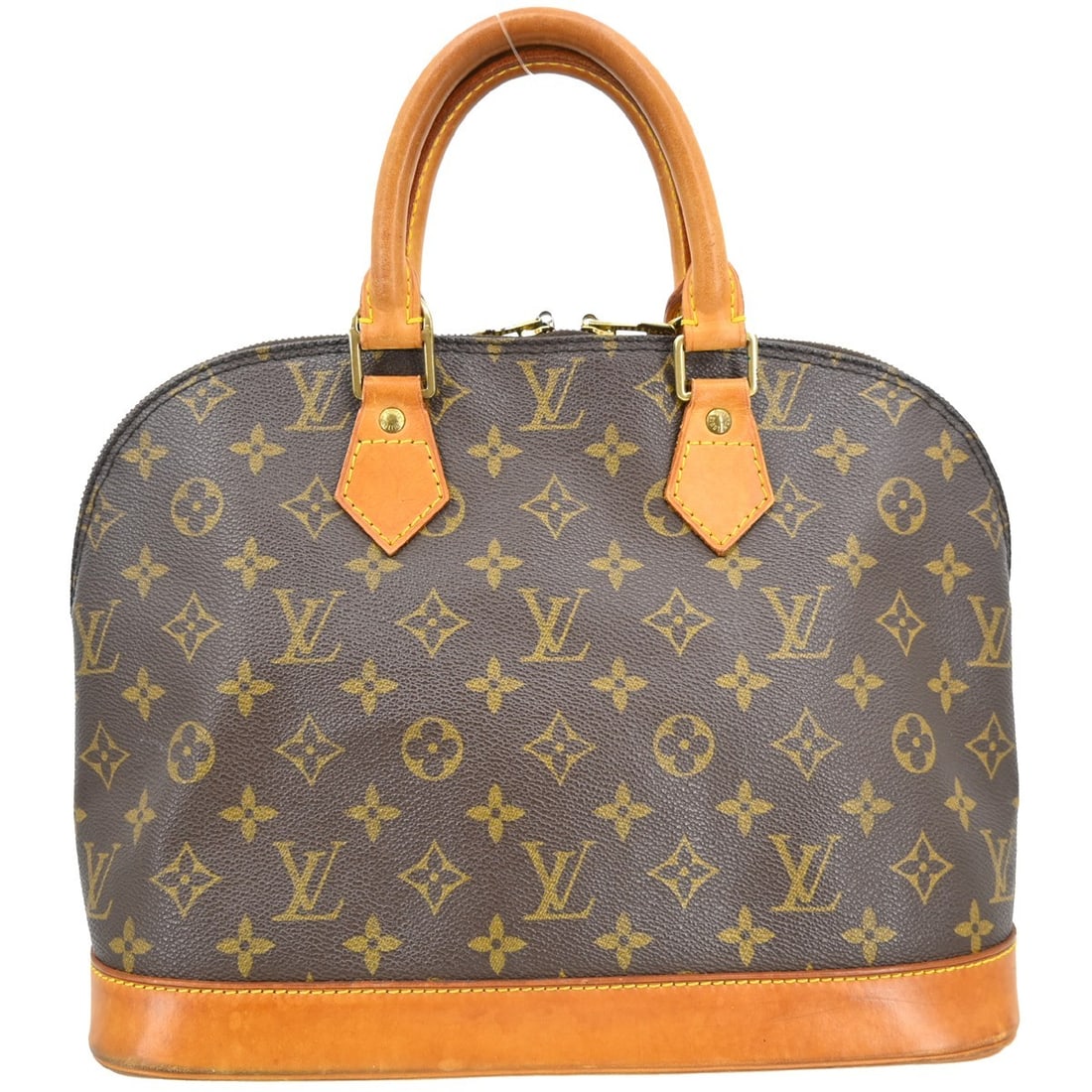 Louis Vuitton Alma Monogram Canvas Medium Brown Handbag with Double Handles: Louis Vuitton Alma Monogram Canvas Medium Brown Handbag with Double Handles This Louis Vuitton Alma handbag features the iconic monogram canvas exterior with beige double handles and a zip closure. Th