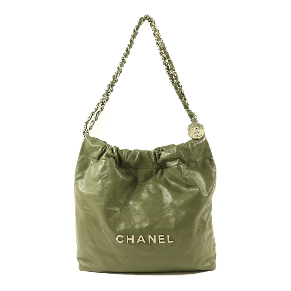CHANEL 22 Small Green Calfskin Shoulder Bag SHW: CHANEL 22 Small Green Calfskin Shoulder Bag SHW This CHANEL 22 Small Chain Shoulder Bag is crafted from green calfskin leather and features silver-tone hardware. Designed for women, it offers a sleek 