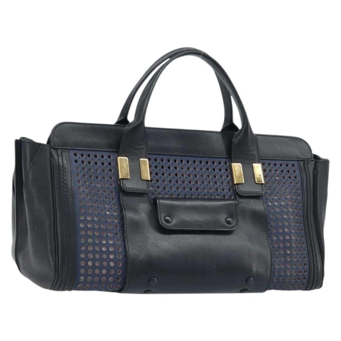 Chloe black gold leather hand bag Italy 15.4 inch: Chloe black gold leather hand bag Italy 15.4 inch This Chloe Punching Alice handbag is crafted from black and gold leather, offering a stylish and sophisticated look. The bag features dual top handles