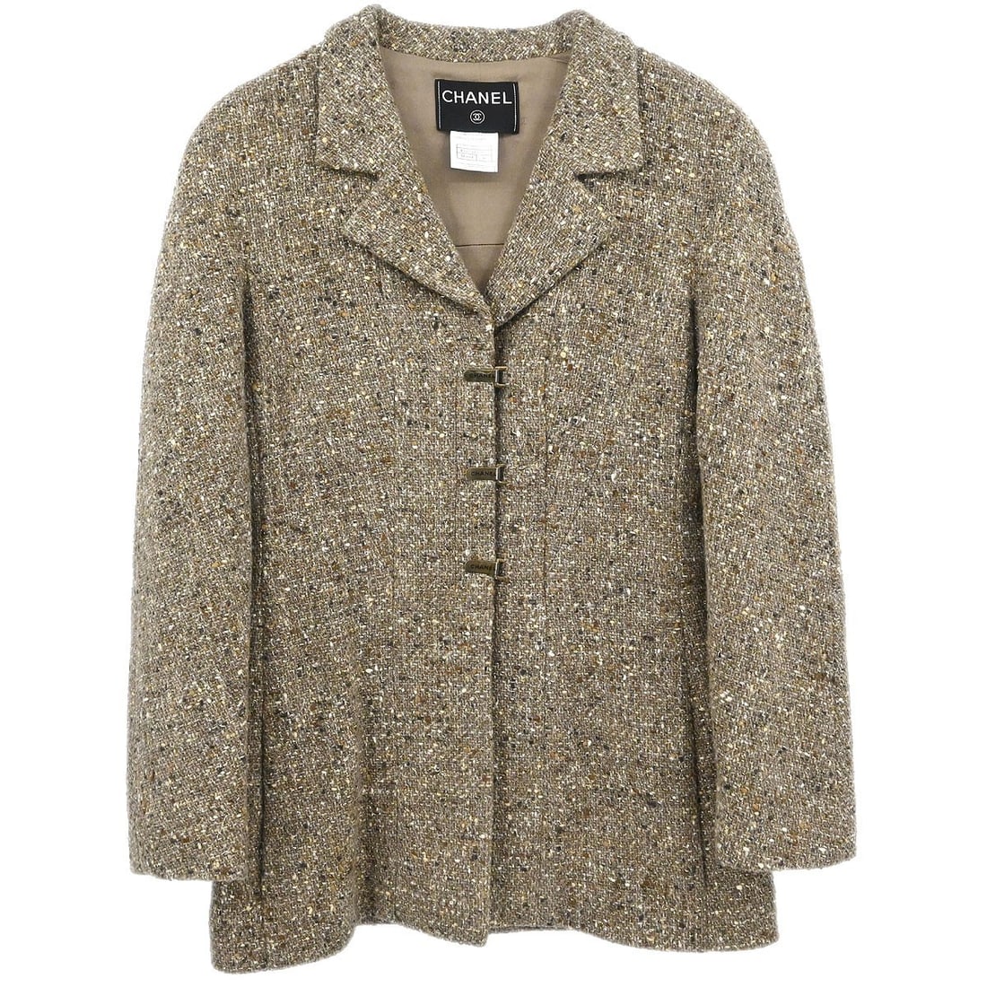 Brown Wool Blend Mid-Length Chanel Collared Jacket Size 36 Vintage: Brown Wool Blend Mid-Length Chanel Collared Jacket Size 36 Vintage This vintage Chanel single breasted jacket features a mid-length design crafted from a blend of 87% wool and 13% nylon. The jacket sh