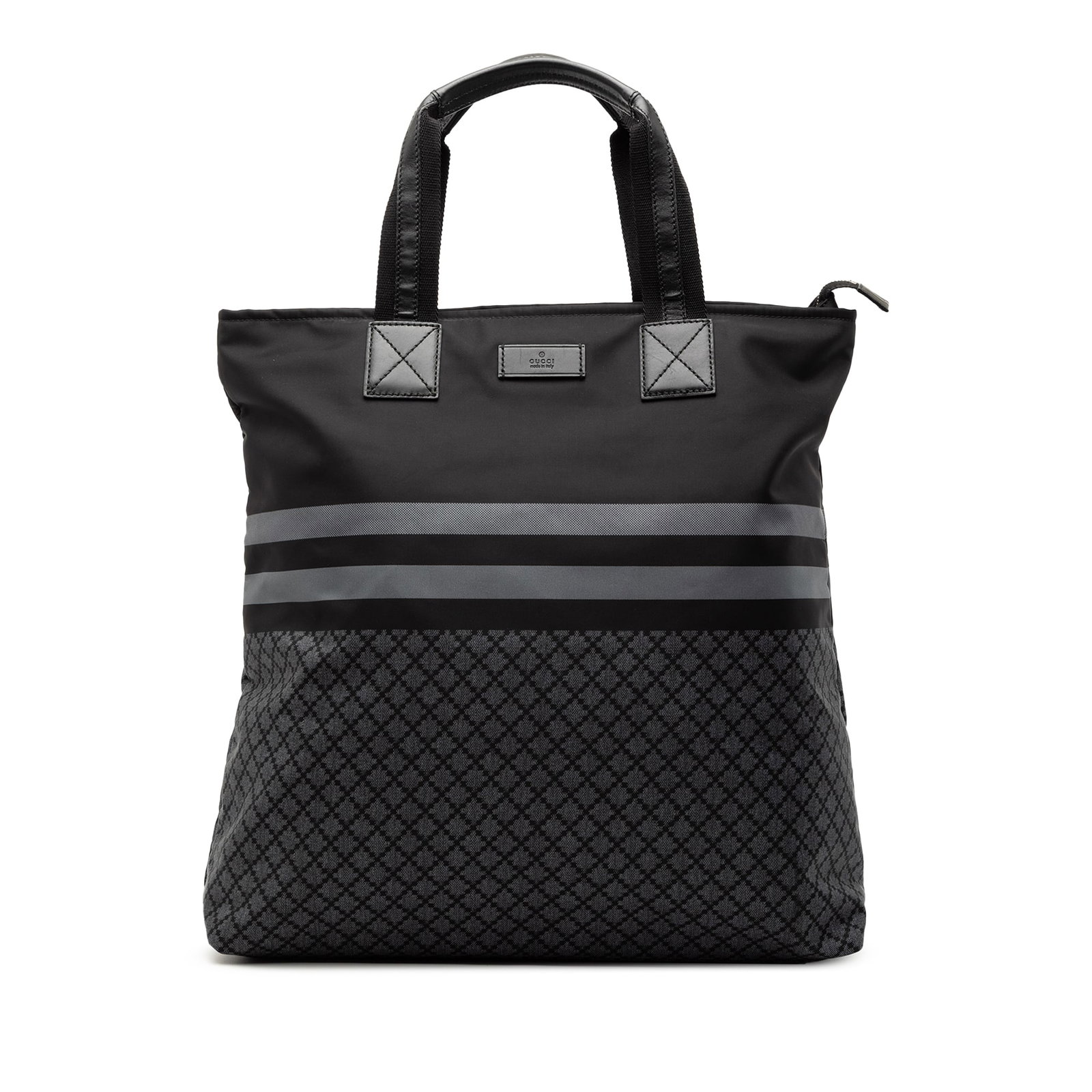 Gucci Black Diamante Nylon Tote Bag with Web Detail: Gucci Black Diamante Nylon Tote Bag with Web Detail This Gucci Diamante Nylon Web Tote features a printed nylon body with flat handles, a top zip closure, and interior zip and slip pockets. The bag is